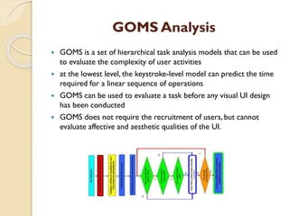 GOMS Analysis
 GOMS is a set of hierarchical task analysis models that can be used
to evaluate the complexity of user activities
 at the lowest level, the keystroke-level model can predict the time
required for a linear sequence of operations
 GOMS can be used to evaluate a task before any visual UI design
has been conducted
 GOMS does not require the recruitment of users, but cannot
evaluate affective and aesthetic qualities of the UI.
 