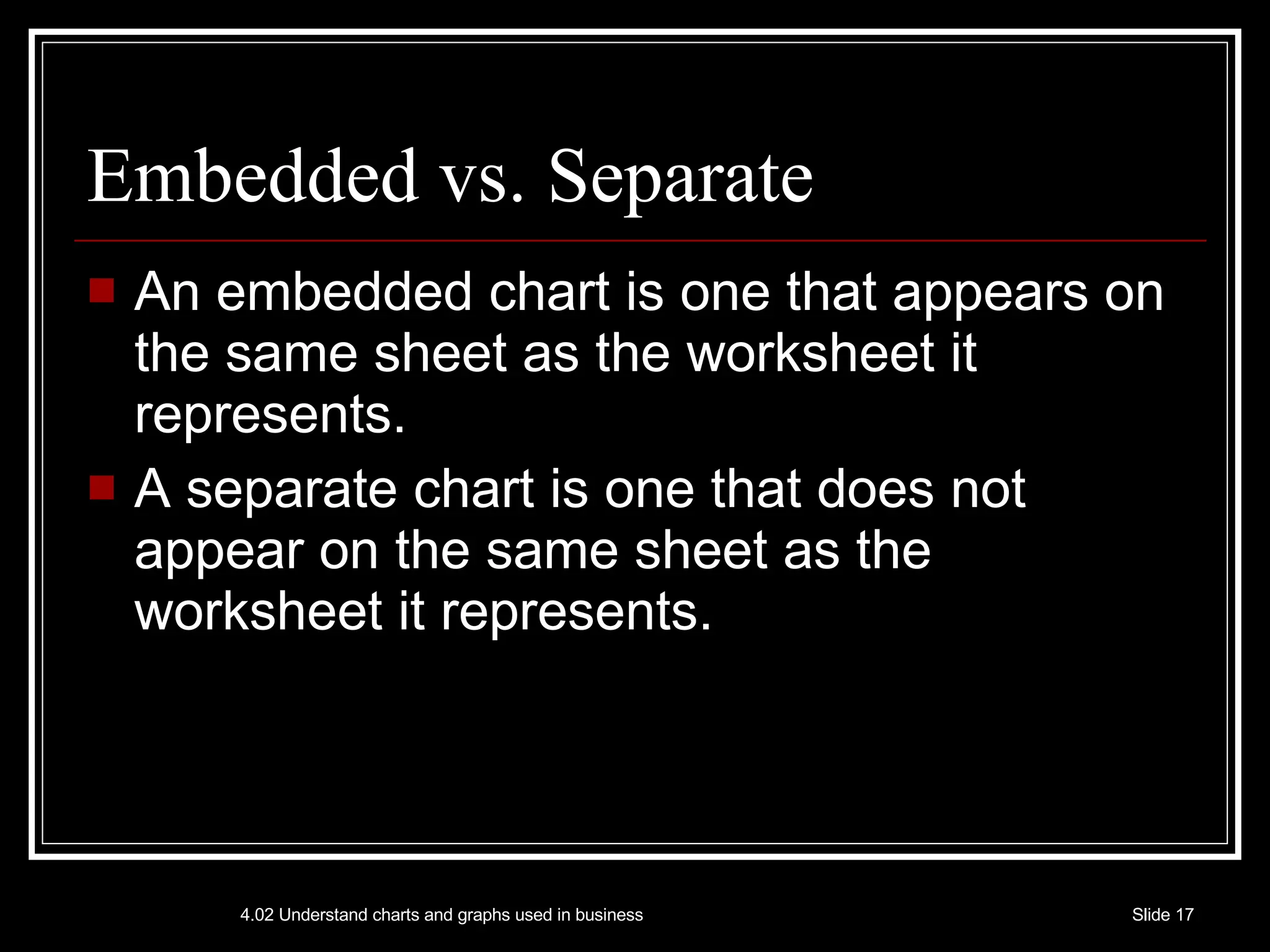 Embedded vs. Separate An embedded chart is one that appears on the same sheet as the worksheet it represents. A separate chart is one that does not appear on the same sheet as the worksheet it represents. 