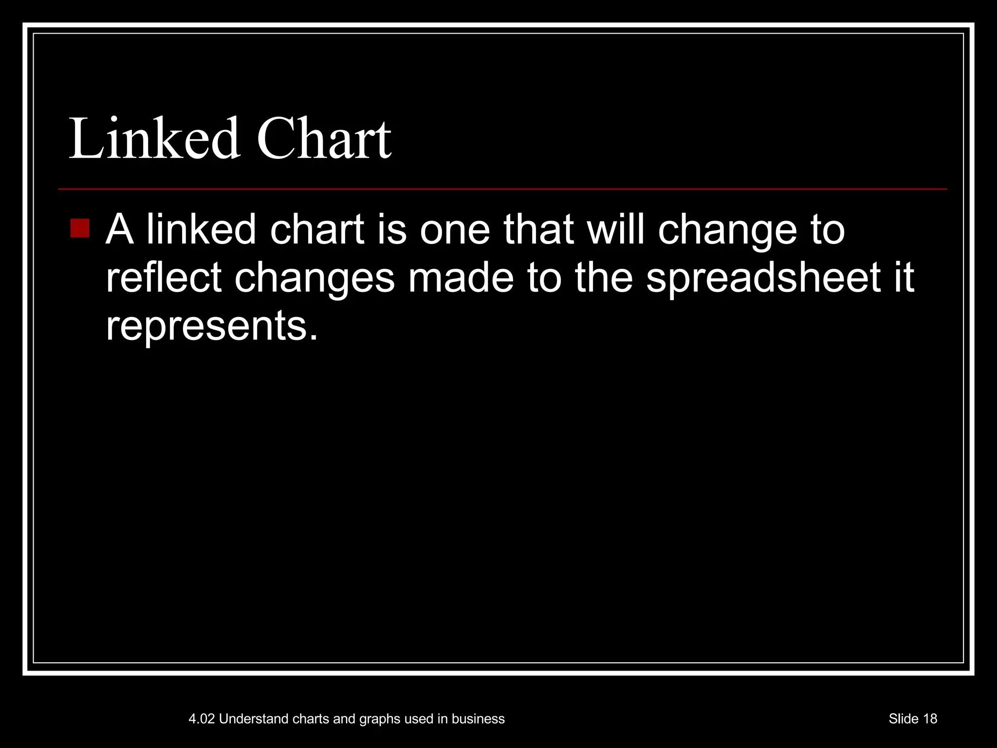 Linked Chart A linked chart is one that will change to reflect changes made to the spreadsheet it represents. 