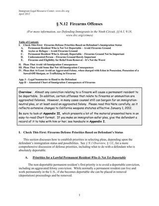 Immigrant Legal Resource Center, www.ilrc.org
April 2012



                                 § N.12 Firearms Offenses
       (For more information, see Defending Immigrants in the Ninth Circuit, §§ 6.1, 9.18,
                                     www.ilrc.org/crimes)

Table of Contents
I. Check This First: Firearms Defense Priorities Based on Defendant’s Immigration Status
  A.    Permanent Resident Who is Not Yet Deportable – Avoid Firearms Ground
  B.    Asylee or Refugee – Avoid Firearms Ground
  C.    Permanent Resident Who is Already Deportable – Firearms Ground Not So Important
  D.    Undocumented Person – Firearms Ground Rarely Important
  E.    Firearms and Eligibility for Relief from Removal – It’s Not the Worst
II. Pleas That Avoid All Immigration Consequences
III. Pleas That Avoid Some But Not All Immigration Consequences
IV. Pleas that At Least Avoid an Aggravated Felony, when charged with Felon in Possession, Possession of a
     Sawed-Off Shotgun, or Trafficking in Firearms

App. I – Legal Summaries to Hand to the Defendant
App II – Annotated Chart of Immigration Consequences of Firearms


Overview: Almost any conviction relating to a firearm will cause a permanent resident to
be deportable. In addition, certain offenses that relate to firearms or ammunition are
aggravated felonies. However, in many cases counsel still can bargain for an immigration-
neutral plea, or at least avoid an aggravated felony. Please read this Note carefully, as it
reflects extensive changes to California weapons statutes effective January 1, 2012.
Be sure to look at Appendix II, which presents a lot of the material presented here in an
easy-to-read Chart format. If you make an immigration-safer plea, give the defendant a
record of it to take with him or her; see handouts in Appendix I.


I. Check This First: Firearms Defense Priorities Based on Defendant’s Status

   This section discusses how to establish priorities in selecting pleas, depending upon the
defendant’s immigration status and possibilities. See § N.1 Overview, § 1.C, for a more
comprehensive discussion of defense priorities, including what to do with a defendant who is
absolutely deportable.

     A.     Priorities for a Lawful Permanent Resident Who Is Not Yet Deportable

       The non-deportable permanent resident’s first priority is to avoid a deportable conviction,
including an aggravated felony conviction. While normally a permanent resident can live and
work permanently in the U.S., if she becomes deportable she can be placed in removal
(deportation) proceedings and be removed.




                                                     1
 