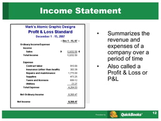 12
• Summarizes the
revenue and
expenses of a
company over a
period of time
• Also called a
Profit & Loss or
P&L
Income Statement
 
