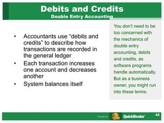 42
Debits and Credits
Double Entry Accounting
• Accountants use “debits and
credits” to describe how
transactions are recorded in
the general ledger
• Each transaction increases
one account and decreases
another
• System balances itself
You don’t need to be
too concerned with
the mechanics of
double entry
accounting, debits
and credits, as
software programs
handle automatically.
But as a business
owner, you might run
into these terms.
 
