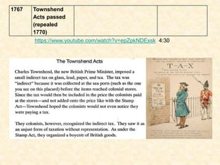 1767 Townshend
Acts passed
(repealed
1770)
https://www.youtube.com/watch?v=epZpkNDExsk 4:30
 