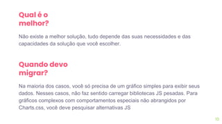 10
Qual é o
melhor?
Não existe a melhor solução, tudo depende das suas necessidades e das
capacidades da solução que você escolher.
Quando devo
migrar?
Na maioria dos casos, você só precisa de um gráfico simples para exibir seus
dados. Nesses casos, não faz sentido carregar bibliotecas JS pesadas. Para
gráficos complexos com comportamentos especiais não abrangidos por
Charts.css, você deve pesquisar alternativas JS
 