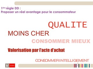 1 ère  règle DD :  Proposer un réel avantage pour le consommateur MOINS CHER CONSOMMER MIEUX Valorisation par l’acte d’achat CONSOMMER INTELLIGEMENT QUALITE 