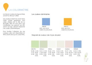 La mise en couleur du logo est libre
suivant la ville qui l’utilise.
Les couleurs misent en avant dans
cette charte graphique, sont
celles utilisées par la ville de La
Rochelle. Elles ne sont donc pas
modifiables. Les supports, qui utili-
seront ce logo, devront respecter
ces codes colorimétriques.
Pour faciliter l’utilisation de ces
couleurs, elles sont disponibles en
RVB, CMJN ainsi qu’en code HTML.
3
LA COLORIMÉTRIE
Dégradé de couleurs des traces de pied
Les couleurs dominantes
RVB 128.178.255
CMJN 51%.24%.0%.0%
RVB 249.178.51
CMJN 0%.35%.85%.0%
#80b2ff
#d0e7b4 #d5dcc2 #f6f4ee #efede5 #eddeda #88b6fd
#f9b233
R 208
V 231
B 180
R 213
V 220
B 194
R 246
V 244
B 238
R 239
V 237
B 229
R 237
V 222
B 218
R 136
V 182
B 253
C 24%
M 0%
J 38%
N 0%
C 21%
M 8%
J 29%
N 0%
C 5%
M 4%
J 8%
N 0%
C 8%
M 6%
J 11%
N 0%
C 8%
M 15%
J 13%
N 0%
C 49%
M 22%
J 0%
N 0%
 