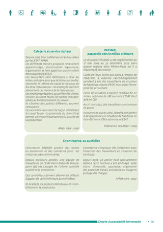 PASSMO, 
passerelle vers le milieu ordinaire 
Le dispositif PASSMO a été expérimenté du 
1er mai 2009 au 31 décembre 2011 dans 
quatre régions dont Rhône-Alpes où il a 
totalement fonctionné. 
L'aide de l'Etat, jointe aux aides à l'emploi de 
l'AGEFIPH, a autorisé l'accompagnement 
pendant 3 ans des travailleurs en situation 
de handicap sortant d’ESAT mais aussi l'entre-prise 
les accueillant. 
Cette sécurisation a facilité l'embauche en 
milieu ordinaire de 188 ouvriers d'ESAT dont 
90% en CDI. 
Au 1er juin 2015, 160 travailleurs sont encore 
en poste. 
En outre ces places ainsi libérées ont permis 
à des personnes en situation de handicap en 
liste d’attente d’être admises en ESAT. 
Charte Accessibilité Universelle • 14 
Cafeteria et service traiteur 
Depuis 2006, trois cafétérias ont été ouvertes 
par les ESAT APAJH. 
Les différents métiers proposés nécessitent 
apprentissage, structuration rigoureuse, 
organisation et font appel aux potentialités 
des travailleurs d'ESAT. 
Les savoir-faire sont identiques à ceux du 
milieu ordinaire ainsi que la formation profes-sionnelle, 
le rythme de travail et «le coup de 
feu de la restauration» : ces employés exercent 
pleinement ces métiers de la restauration. 
Les employés préparent, accueillent les clients, 
servent, assurent toutes les tâches indispen-sables 
au fonctionnement du service. 
Ils côtoient des publics différents, souvent 
renouvelés. 
Ces activités valorisent de façon immédiate 
le travail fourni : la proximité du client final 
permet un retour instantané sur la qualité de 
la production. 
APAJH Isère - 2006 
L'entreprise ARDAGH produit des boites 
en aluminium et des cannettes pour les 
industries agro-alimentaires. 
Depuis plusieurs années, une équipe de 
travailleurs de l'ESAT Henri Robin de Beaure-paire 
(38) est chargée de l'ultime contrôle 
qualité de la production. 
Ces contrôleurs doivent déceler les défauts 
d'aspect de taille inférieure au millimètre. 
Ils écartent les produits défectueux et recon-ditionnent 
la production. 
L'entreprise s'implique très fortement dans 
l'insertion des travailleurs en situation de 
handicap. 
Depuis 2012, un atelier neuf spécialement 
dédié à cette fonction a été aménagé : salle 
claire, climatisée, spacieuse, ergonomie 
des postes de travail, assistance au levage et 
portage des charges... 
APAJH Isère - 2007 
En entreprise, au quotidien 
Fédération des APAJH - 2009 
 
