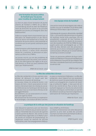 Une équipe mixte de handball 
Une section mixte de Hand Adapté a été créée en 
octobre 2013 par le Handball Cercle Nîmes (HBC 
Nîmes) qui évolue depuis 1997 en Division 1. 
Cette équipe de 10 joueurs, dénommée « Handball 
Club + », est ouverte à des personnes en situation 
de handicap mental et/ou psychique. Elle est 
actuellement composée de neuf hommes et 
seulement d’une femme. Quatre de ces joueurs 
sont des travailleurs de l’ESAT de l’APAJH du Gard, 
quatre autres sont accompagnés par un ITEP, 
enfin les deux derniers sont des personnes à 
domicile, qui en ont eu connaissance grâce à la 
communication diffusée par le Conseil Général 
du Gard qui a soutenu ce projet. 
Toutes ces personnes adhèrent de façon indivi-duelle 
à la Fédération Française de Handball ainsi 
qu’à la Fédération Française de Sport Adapté. Elles 
sont donc considérées avant tout comme joueurs 
au sein du club. 
APAJH du Gard - 2013 
La pratique de la voile par des jeunes en situation de handicap 
Charte Accessibilité Universelle • 21 
Une formation de jeune arbitre 
de football pour les jeunes 
avec troubles du comportement 
La mise en place d’une formation de jeunes 
arbitres de football à l’IMPro de La Ribe à 
Le Grand Bourg résulte du désir de l’établisse-ment 
de diversifier les sports et les activités 
proposés aux jeunes accompagnés dans leur 
établissement. 
Grâce à un projet mené conjointement par un 
éducateur de l’établissement et des éduca-teurs 
du district de football de la Creuse, une 
formation de jeune arbitre a été présentée et 
10 d’entre eux se sont portés volontaires pour 
la suivre. 
Cette formation a été dispensée par les éduca-teurs 
du district, à raison d’une rencontre 
toutes les 3 semaines, se déroulant en alter-nance, 
au district et à l’IMPro. 
Les jeunes inscrits, qui ont des problèmes de 
comportement assez récurrents, sont confron-tés 
au fait d’être garant des règles et de la loi. 
Cela devient un levier qui peut aisément être 
repris par l’établissement. 
APAJH de la Creuse - 2013 
La fête des solidarités à Evreux permet à des 
artistes de découvrir le travail avec des 
personnes en situation de handicap. 
Le nouveau réseau de solidarité eurois « Les 
tisseurs de liens » réunit associations et insti-tutions 
intervenant dans les champs du social, 
du médicosocial, du handicap et de l’accès aux 
droits pour tous sur le territoire d’Evreux et de 
son agglomération. 
Actuellement, 20 à 30 associations et institu-tions 
ont signé la charte. 
Afin de favoriser les rencontres, la coopération 
et les échanges, « Les tisseurs de liens » ont mis 
en place un évènement fédérateur « La fête des 
solidarités » dont l’objectif est non seulement 
de mettre en avant les potentialités des divers 
publics accompagnés (en situation de handi-cap, 
en précarité, fragile,...), mais aussi de ren-forcer 
leur estime de soi. Pour ce faire, ils ont 
souhaité s’appuyer sur l'accès à la culture et les 
pratiques artistiques comme étant un axe fort 
de cohésion sociale qui favorise la dignité et la 
valorisation de l'individu par l'expression. 
APAJH de l’Eure - 2012 
La fête des solidarités à Evreux 
Une éducatrice sportive a pris ses fonctions 
depuis le 1er trimestre 2014 et exerce son acti-vité 
sur l’ensemble des structures de Cayenne 
à Saint-Laurent-du-Maroni. Des sorties à voile 
sont désormais organisées sur le Mahuri pour 
les jeunes en situation de polyhandicap, en 
respectant toutes les mesures de sécurité 
nécessaires, avec l’accompagnement d’éduca-teurs 
d’AMP ou d’infirmiers. 
Le champ d’intervention de cette éducatrice 
sportive va ainsi bien au-delà des activités 
touchant à la motricité et permettant la décou-verte 
de nouvelles sensations. 
APAJH Guyane - 2014 
 