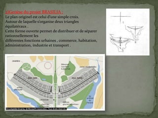 2)Genèse du projet BRASILIA :
Le plan originel est celui d’une simple croix.
Autour de laquelle s’organise deux triangles
équilatéraux .
Cette forme ouverte permet de distribuer et de séparer
rationnellement les
différentes fonctions urbaines , commerce, habitation,
administration, industrie et transport .
 