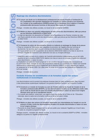 Les engagements des acteurs - Les pouvoirs publics - AXE II - L’égalité professionnelle




Actions
      Repérage des situations discriminatoires

      N°72 Lancer une étude sur le déclassement professionnel des jeunes femmes à l’embauche et
           sur l’exploitation des données statistiques de l’enquête du Centre d’étude et de recherche
           sur l’emploi et les qualifications (CEREQ) portant sur la Génération 98 et relative à l’insertion
           professionnelle des jeunes hommes et des jeunes filles issues de l’immigration
      Pilotage : ministère des affaires sociales, du travail et de la solidarité (DARES)

      N°73 Mettre en place une autorité indépendante de lutte contre les discriminations, telle que prévue
             par les Directives 2000/43/CE et 2002/73/CE
      • Il s'agit de répondre à la demande du Président de la République et du Premier ministre de créer
        une Haute autorité de lutte contre les discriminations, telle que prévue par les Directives 2000/43/CE
        et 2002/73/CE
      Pilotage : ministère des affaires sociales, du travail et de la solidarité

      N°74 Consacrer la notion de discrimination directe ou indirecte et aménager la charge de la preuve
      • Prise en compte de l’élimination des inégalités et promotion de l’égalité entre les hommes et
        les femmes, les femmes étant souvent victimes de discriminations multiples, dans le cadre
        de l’avant-projet de loi de transposition de la directive 2002/43/CE relative à la mise en œuvre du
        principe d’égalité de traitement sans distinction de race ou d’origine ethnique.

      • Intégration dans ce texte de la création de l’autorité administrative indépendante prévue par cette
        directive et par la directive 2000/73/CE relative à la mise en œuvre du principe d’égalité de traitement
        sans discrimination à raison du sexe.
      La finalisation complète de l’avant-projet de loi est conditionnée par l’analyse des conclusions de
      la commission Stasi, chargée de faire des propositions relatives aux conditions de création de l’autorité
      administrative indépendante prévue également par la directive 2000/73, et qui a déposé son rapport
      au parlement le 16 février 2004. Sur cette base, le projet de loi pourrait être présenté au Parlement d’ici
      la fin de l’année.
      Pilotage : ministère de la justice

      Conduite d’actions de sensibilisation et de formation auprès des acteurs
      institutionnels et économiques

      Les discriminations sont le produit de pratiques diverses dans le milieu professionnel. Elles renvoient
      à des phénomènes systémiques impliquant une grande diversité d’acteurs, qu’il importe d’outiller.

      N°75 Construire un module de formation au sein de l’Institut national du travail de l’emploi et de la
            formation professionnelle (INTEFP), sur les discriminations fondées sur les différents motifs visés
            par le code du travail dont le sexe et la double discrimination à raison du sexe et de l’origine
            ethnique ainsi que sur le harcèlement sexuel.
      • Ce module sera destiné, notamment, aux agents issus des écoles de la Police et de l’Education
        nationale, dans le cadre de la formation continue et de la formation initiale.
      Pilotage : ministère des affaires sociales, du travail et de la solidarité (DRT)

      N°76 Mettre en place des actions de formation dispensées aux intermédiaires de l’emploi en vue de
            prévenir et lutter contre les discriminations raciales et la double discrimination à raison du sexe
            et de l’origine ethnique
      • Poursuite du projet Espere (engagement du service public pour restaurer l’égalité) qui s’inscrit dans
        le cadre du cinquième programme Equal.
      Pilotage conjoint : ministère des affaires sociales, du travail et de la solidarité (DGEFP et DPM) - ministère
      délégué à la parité et à l’égalité professionnelle




                                                                                                                     >>>

          ▲                                                                                                                          101
                         ▲
                             ▲




              SOMMAIRE                                                POUR L’ÉGALITÉ DES HOMMES ET DES FEMMES, LA FRANCE S’ENGAGE.
 