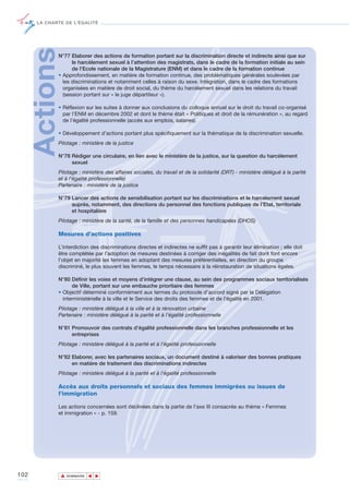 LA CHARTE DE L’ÉGALITÉ




      ActionsN°77 Elaborer des actions de formation portant sur la discrimination directe et indirecte ainsi que sur
                   le harcèlement sexuel à l’attention des magistrats, dans le cadre de la formation initiale au sein
                   de l’Ecole nationale de la Magistrature (ENM) et dans le cadre de la formation continue
             • Approfondissement, en matière de formation continue, des problématiques générales soulevées par
               les discriminations et notamment celles à raison du sexe. Intégration, dans le cadre des formations
               organisées en matière de droit social, du thème du harcèlement sexuel dans les relations du travail
               (session portant sur « le juge départiteur »).

             • Réflexion sur les suites à donner aux conclusions du colloque annuel sur le droit du travail co-organisé
               par l’ENM en décembre 2002 et dont le thème était « Politiques et droit de la rémunération », au regard
               de l’égalité professionnelle (accès aux emplois, salaires).

             • Développement d’actions portant plus spécifiquement sur la thématique de la discrimination sexuelle.
             Pilotage : ministère de la justice

             N°78 Rédiger une circulaire, en lien avec le ministère de la justice, sur la question du harcèlement
                  sexuel
             Pilotage : ministère des affaires sociales, du travail et de la solidarité (DRT) - ministère délégué à la parité
             et à l’égalité professionnelle)
             Partenaire : ministère de la justice

             N°79 Lancer des actions de sensibilisation portant sur les discriminations et le harcèlement sexuel
                  auprès, notamment, des directions du personnel des fonctions publiques de l’Etat, territoriale
                  et hospitalière
             Pilotage : ministère de la santé, de la famille et des personnes handicapées (DHOS)

             Mesures d’actions positives

             L’interdiction des discriminations directes et indirectes ne suffit pas à garantir leur élimination ; elle doit
             être complétée par l’adoption de mesures destinées à corriger des inégalités de fait dont font encore
             l’objet en majorité les femmes en adoptant des mesures préférentielles, en direction du groupe
             discriminé, le plus souvent les femmes, le temps nécessaire à la réinstauration de situations égales.

             N°80 Définir les voies et moyens d’intégrer une clause, au sein des programmes sociaux territorialisés
                   de Ville, portant sur une embauche prioritaire des femmes
             • Objectif déterminé conformément aux termes du protocole d’accord signé par la Délégation
               interministérielle à la ville et le Service des droits des femmes et de l’égalité en 2001.
             Pilotage : ministère délégué à la ville et à la rénovation urbaine
             Partenaire : ministère délégué à la parité et à l’égalité professionnelle

             N°81 Promouvoir des contrats d’égalité professionnelle dans les branches professionnelle et les
                  entreprises
             Pilotage : ministère délégué à la parité et à l’égalité professionnelle

             N°82 Elaborer, avec les partenaires sociaux, un document destiné à valoriser des bonnes pratiques
                  en matière de traitement des discriminations indirectes
             Pilotage : ministère délégué à la parité et à l’égalité professionnelle

             Accès aux droits personnels et sociaux des femmes immigrées ou issues de
             l’immigration

             Les actions concernées sont déclinées dans la partie de l’axe III consacrée au thème « Femmes
             et immigration » - p. 159.




102             ▲
                               ▲
                                   ▲




                    SOMMAIRE
 