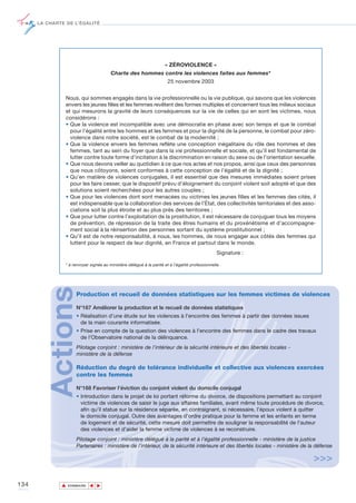 LA CHARTE DE L’ÉGALITÉ




                                                                     « ZÉROVIOLENCE »
                                        Charte des hommes contre les violences faites aux femmes*
                                                                       25 novembre 2003


                Nous, qui sommes engagés dans la vie professionnelle ou la vie publique, qui savons que les violences
                envers les jeunes filles et les femmes revêtent des formes multiples et concernent tous les milieux sociaux
                et qui mesurons la gravité de leurs conséquences sur la vie de celles qui en sont les victimes, nous
                considérons :
                • Que la violence est incompatible avec une démocratie en phase avec son temps et que le combat
                  pour l’égalité entre les hommes et les femmes et pour la dignité de la personne, le combat pour zéro-
                  violence dans notre société, est le combat de la modernité ;
                • Que la violence envers les femmes reflète une conception inégalitaire du rôle des hommes et des
                  femmes, tant au sein du foyer que dans la vie professionnelle et sociale, et qu’il est fondamental de
                  lutter contre toute forme d’incitation à la discrimination en raison du sexe ou de l’orientation sexuelle.
                • Que nous devons veiller au quotidien à ce que nos actes et nos propos, ainsi que ceux des personnes
                  que nous côtoyons, soient conformes à cette conception de l’égalité et de la dignité ;
                • Qu’en matière de violences conjugales, il est essentiel que des mesures immédiates soient prises
                  pour les faire cesser, que le dispositif prévu d’éloignement du conjoint violent soit adopté et que des
                  solutions soient recherchées pour les autres couples ;
                • Que pour les violences dont sont menacées ou victimes les jeunes filles et les femmes des cités, il
                  est indispensable que la collaboration des services de l’État, des collectivités territoriales et des asso-
                  ciations soit la plus étroite et au plus près des territoires ;
                • Que pour lutter contre l’exploitation de la prostitution, il est nécessaire de conjuguer tous les moyens
                  de prévention, de répression de la traite des êtres humains et du proxénétisme et d’accompagne-
                  ment social à la réinsertion des personnes sortant du système prostitutionnel ;
                • Qu’il est de notre responsabilité, à nous, les hommes, de nous engager aux côtés des femmes qui
                  luttent pour le respect de leur dignité, en France et partout dans le monde.
                                                                                                 Signature :

                * à renvoyer signée au ministère délégué à la parité et à l’égalité professionnelle
          Actions




                     Production et recueil de données statistiques sur les femmes victimes de violences

                     N°167 Améliorer la production et le recueil de données statistiques
                     • Réalisation d'une étude sur les violences à l'encontre des femmes à partir des données issues
                       de la main courante informatisée.
                     • Prise en compte de la question des violences à l'encontre des femmes dans le cadre des travaux
                       de l'Observatoire national de la délinquance.
                     Pilotage conjoint : ministère de l’intérieur de la sécurité intérieure et des libertés locales -
                     ministère de la défense

                     Réduction du degré de tolérance individuelle et collective aux violences exercées
                     contre les femmes

                     N°168 Favoriser l’éviction du conjoint violent du domicile conjugal
                     • Introduction dans le projet de loi portant réforme du divorce, de dispositions permettant au conjoint
                       victime de violences de saisir le juge aux affaires familiales, avant même toute procédure de divorce,
                       afin qu’il statue sur la résidence séparée, en contraignant, si nécessaire, l’époux violent à quitter
                       le domicile conjugal. Outre des avantages d'ordre pratique pour la femme et les enfants en terme
                       de logement et de sécurité, cette mesure doit permettre de souligner la responsabilité de l'auteur
                       des violences et d'aider la femme victime de violences à se reconstruire.
                     Pilotage conjoint : ministère délégué à la parité et à l’égalité professionnelle - ministère de la justice
                     Partenaires : ministère de l’intérieur, de la sécurité intérieure et des libertés locales - ministère de la défense

                                                                                                                               >>>

134           ▲
                             ▲
                                 ▲




                  SOMMAIRE
 