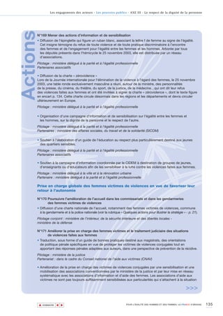 Les engagements des acteurs - Les pouvoirs publics - AXE III - Le respect de la dignité de la personne




Actions
      N°169 Mener des actions d’information et de sensibilisation
      • Diffusion de l'épinglette qui figure un ruban blanc, associant la lettre f de femme au signe de l'égalité.
        Cet insigne témoigne du refus de toute violence et de toute pratique discriminatoire à l'encontre
        des femmes et de l'engagement pour l'égalité entre les femmes et les hommes. Arborée par tous
        les députés présents dans l'hémicycle le 25 novembre 2003, elle est distribuée par un réseau
        d'associations.
      Pilotage : ministère délégué à la parité et à l'égalité professionnelle
      Partenaires associatifs

      • Diffusion de la charte « zéroviolence »
      Lors de la Journée internationale pour l'élimination de la violence à l'égard des femmes, le 25 novembre
      2003, une table ronde exclusivement masculine a réuni, autour de la ministre, des personnalités
      de la presse, du cinéma, du théâtre, du sport, de la justice, de la médecine…qui ont dit leur refus
      des violences faites aux femmes et ont été invitées à signer la charte « zéroviolence », dont le texte figure
      en encart p. 134. Cette charte circule désormais dans les régions et les départements et devra circuler
      ultérieurement en Europe.
      Pilotage : ministère délégué à la parité et à l’égalité professionnelle

      • Organisation d'une campagne d'information et de sensibilisation sur l'égalité entre les femmes et
        les hommes, sur la dignité de la personne et le respect de l'autre.
      Pilotage : ministère délégué à la parité et à l'égalité professionnelle
      Partenaires : ministère des affaires sociales, du travail et de la solidarité (SICOM)

      • Soutien à l’élaboration d'un guide de l'éducation au respect plus particulièrement destiné aux jeunes
        des quartiers sensibles.
      Pilotage : ministère délégué à la parité et à l’égalité professionnelle
      Partenaires associatifs

      • Soutien à la campagne d'information coordonnée par le CIDEM à destination de groupes de jeunes,
        d'enseignants ou d'éducateurs afin de les sensibiliser à la lutte contre les violences faites aux femmes.
      Pilotage : ministère délégué à la ville et à la rénovation urbaine
      Partenaire : ministère délégué à la parité et à l’égalité professionnelle

      Prise en charge globale des femmes victimes de violences en vue de favoriser leur
      retour à l’autonomie

      N°170 Poursuivre l'amélioration de l’accueil dans les commissariats et dans les gendarmeries
            des femmes victimes de violences
      • Diffusion d'une charte nationale de l’accueil, notamment des femmes victimes de violences, commune
        à la gendarmerie et à la police nationale (voir la rubrique « Quelques actions pour illustrer la stratégie » - p. 21).
      Pilotage conjoint : ministère de l’intérieur, de la sécurité intérieure et des libertés locales -
      ministère de la défense

      N°171 Améliorer la prise en charge des femmes victimes et le traitement judiciaire des situations
            de violences faites aux femmes
      • Traduction, sous forme d'un guide de bonnes pratiques destiné aux magistrats, des orientations
        de politique pénale spécifiques en vue de protéger les victimes de violences conjugales tout en
        apportant des réponses pénales adaptées aux auteurs, dans une perspective de prévention de la récidive.
      Pilotage : ministère de la justice
      Partenariat : dans le cadre du Conseil national de l'aide aux victimes (CNAV)

      • Amélioration de la prise en charge des victimes de violences conjugales par une sensibilisation et une
        mobilisation des associations conventionnées par le ministère de la justice et par leur mise en réseau
        systématique avec les associations d’information et d’aide des femmes. Les associations d'aide aux
        victimes ne sont pas toujours suffisamment sensibilisées aux particularités qui s’attachent à la situation

                                                                                                                       >>>

          ▲                                                                                                                            135
                         ▲
                             ▲




              SOMMAIRE                                                  POUR L’ÉGALITÉ DES HOMMES ET DES FEMMES, LA FRANCE S’ENGAGE.
 