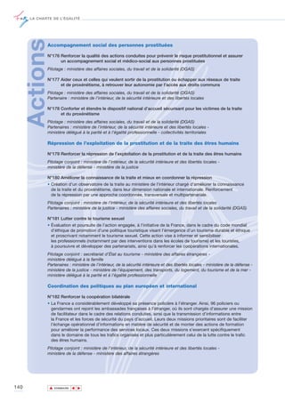 LA CHARTE DE L’ÉGALITÉ




      ActionsAccompagnement social des personnes prostituées

             N°176 Renforcer la qualité des actions conduites pour prévenir le risque prostitutionnel et assurer
                   un accompagnement social et médico-social aux personnes prostituées
             Pilotage : ministère des affaires sociales, du travail et de la solidarité (DGAS)

             N°177 Aider ceux et celles qui veulent sortir de la prostitution ou échapper aux réseaux de traite
                   et de proxénétisme, à retrouver leur autonomie par l’accès aux droits communs
             Pilotage : ministère des affaires sociales, du travail et de la solidarité (DGAS)
             Partenaire : ministère de l’intérieur, de la sécurité intérieure et des libertés locales

             N°178 Conforter et étendre le dispositif national d’accueil sécurisant pour les victimes de la traite
                   et du proxénétisme
             Pilotage : ministère des affaires sociales, du travail et de la solidarité (DGAS)
             Partenaires : ministère de l’intérieur, de la sécurité intérieure et des libertés locales -
             ministère délégué à la parité et à l’égalité professionnelle - collectivités territoriales

             Répression de l’exploitation de la prostitution et de la traite des êtres humains

             N°179 Renforcer la répression de l’exploitation de la prostitution et de la traite des êtres humains
             Pilotage conjoint : ministère de l’intérieur, de la sécurité intérieure et des libertés locales -
             ministère de la défense - ministère de la justice

             N°180 Améliorer la connaissance de la traite et mieux en coordonner la répression
             • Création d'un observatoire de la traite au ministère de l'intérieur chargé d'améliorer la connaissance
               de la traite et du proxénétisme, dans leur dimension nationale et internationale. Renforcement
               de la répression par une approche coordonnée, transversale et multipartenariale.
             Pilotage conjoint : ministère de l’intérieur, de la sécurité intérieure et des libertés locales
             Partenaires : ministère de la justice - ministère des affaires sociales, du travail et de la solidarité (DGAS)

             N°181 Lutter contre le tourisme sexuel
             • Évaluation et poursuite de l’action engagée, à l’initiative de la France, dans le cadre du code mondial
               d’éthique de promotion d’une politique touristique visant l’émergence d’un tourisme durable et éthique
               et proscrivant notamment le tourisme sexuel. Cette action vise à informer et sensibiliser
               les professionnels (notamment par des interventions dans les écoles de tourisme) et les touristes,
               à poursuivre et développer des partenariats, ainsi qu'à renforcer les coopérations internationales.
             Pilotage conjoint : secrétariat d’État au tourisme - ministère des affaires étrangères -
             ministère délégué à la famille
             Partenaires : ministère de l’intérieur, de la sécurité intérieure et des libertés locales - ministère de la défense -
             ministère de la justice - ministère de l’équipement, des transports, du logement, du tourisme et de la mer -
             ministère délégué à la parité et à l’égalité professionnelle

             Coordination des politiques au plan européen et international

             N°182 Renforcer la coopération bilatérale
             • La France a considérablement développé sa présence policière à l’étranger. Ainsi, 96 policiers ou
               gendarmes ont rejoint les ambassades françaises à l’étranger, où ils sont chargés d’assurer une mission
               de facilitateur dans le cadre des relations conduites, ainsi que la transmission d’informations entre
               la France et les forces de sécurité du pays d’accueil. Leurs deux missions prioritaires sont de faciliter
               l’échange opérationnel d’informations en matière de sécurité et de monter des actions de formation
               pour améliorer la performance des services locaux. Ces deux missions s’exercent spécifiquement
               dans le domaine de tous les trafics organisés et plus particulièrement celui de la lutte contre le trafic
               des êtres humains.
             Pilotage conjoint : ministère de l’intérieur, de la sécurité intérieure et des libertés locales -
             ministère de la défense - ministère des affaires étrangères




140             ▲
                               ▲
                                   ▲




                    SOMMAIRE
 