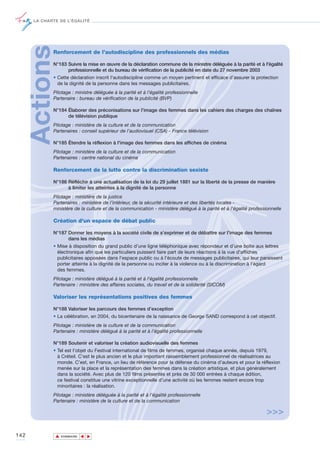LA CHARTE DE L’ÉGALITÉ




      ActionsRenforcement de l’autodiscipline des professionnels des médias

             N°183 Suivre la mise en œuvre de la déclaration commune de la ministre déléguée à la parité et à l'égalité
                   professionnelle et du bureau de vérification de la publicité en date du 27 novembre 2003
             • Cette déclaration inscrit l’autodiscipline comme un moyen pertinent et efficace d’assurer la protection
               de la dignité de la personne dans les messages publicitaires.
             Pilotage : ministre déléguée à la parité et à l’égalité professionnelle
             Partenaire : bureau de vérification de la publicité (BVP)

             N°184 Élaborer des préconisations sur l’image des femmes dans les cahiers des charges des chaînes
                   de télévision publique
             Pilotage : ministère de la culture et de la communication
             Partenaires : conseil supérieur de l’audiovisuel (CSA) - France télévision

             N°185 Étendre la réflexion à l'image des femmes dans les affiches de cinéma
             Pilotage : ministère de la culture et de la communication
             Partenaires : centre national du cinéma

             Renforcement de la lutte contre la discrimination sexiste

             N°186 Réfléchir à une actualisation de la loi du 29 juillet 1881 sur la liberté de la presse de manière
                   à limiter les atteintes à la dignité de la personne
             Pilotage : ministère de la justice
             Partenaires : ministère de l’intérieur, de la sécurité intérieure et des libertés locales -
             ministère de la culture et de la communication - ministère délégué à la parité et à l'égalité professionnelle

             Création d'un espace de débat public

             N°187 Donner les moyens à la société civile de s’exprimer et de débattre sur l’image des femmes
                   dans les médias
             • Mise à disposition du grand public d’une ligne téléphonique avec répondeur et d’une boîte aux lettres
               électronique afin que les particuliers puissent faire part de leurs réactions à la vue d'affiches
               publicitaires apposées dans l'espace public ou à l'écoute de messages publicitaires, qui leur paraissent
               porter atteinte à la dignité de la personne ou inciter à la violence ou à la discrimination à l'égard
               des femmes.
             Pilotage : ministère délégué à la parité et à l'égalité professionnelle
             Partenaire : ministère des affaires sociales, du travail et de la solidarité (SICOM)

             Valoriser les représentations positives des femmes

             N°188 Valoriser les parcours des femmes d’exception
             • La célébration, en 2004, du bicentenaire de la naissance de George SAND correspond à cet objectif.
             Pilotage : ministère de la culture et de la communication
             Partenaire : ministère délégué à la parité et à l’égalité professionnelle

             N°189 Soutenir et valoriser la création audiovisuelle des femmes
             • Tel est l'objet du Festival international de films de femmes, organisé chaque année, depuis 1979,
               à Créteil. C’est le plus ancien et le plus important rassemblement professionnel de réalisatrices au
               monde. C’est, en France, un lieu de référence pour la défense du cinéma d’auteurs et pour la réflexion
               menée sur la place et la représentation des femmes dans la création artistique, et plus généralement
               dans la société. Avec plus de 120 films présentés et près de 30 000 entrées à chaque édition,
               ce festival constitue une vitrine exceptionnelle d’une activité où les femmes restent encore trop
               minoritaires : la réalisation.
             Pilotage : ministère déléguée à la parité et à l’égalité professionnelle
             Partenaire : ministère de la culture et de la communication

                                                                                                                  >>>

142             ▲
                               ▲
                                   ▲




                    SOMMAIRE
 