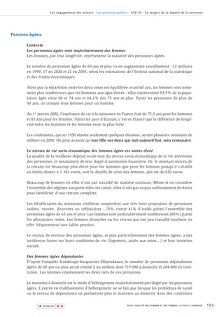 Les engagements des acteurs - Les pouvoirs publics - AXE III - Le respect de la dignité de la personne




Femmes âgées

      Contexte
      Les personnes âgées sont majoritairement des femmes
      Les femmes, par leur longévité, représentent la majorité des personnes âgées.

      Le nombre de personnes âgées de 60 ans et plus va en augmentant sensiblement : 12 millions
      en 1999, 17 en 2020 et 21 en 2050, selon les estimations de l’Institut national de la statistique
      et des études économiques.

      Alors que la répartition entre les deux sexes est équilibrée avant 60 ans, les femmes sont nette-
      ment plus nombreuses que les hommes aux âges élevés : elles représentent 53,9% de la popu-
      lation âgée entre 60 et 74 ans et 64,2% des 75 ans et plus. Parmi les personnes de plus de
      90 ans, on compte trois femmes pour un homme.

      Au 1er janvier 2002, l’espérance de vie à la naissance en France était de 75,5 ans pour les hommes
      et 83 ans pour les femmes. Parmi les pays d’Europe, c’est en France que la différence de longé-
      vité entre les hommes et les femmes reste la plus forte.

      Les centenaires, qui en 1950 étaient seulement quelques dizaines, seront plusieurs centaines de
      milliers en 2050. On peut avancer qu’une fille sur deux qui naît aujourd’hui, sera centenaire.

      Le niveau de vie socio-économique des femmes âgées est moins élevé
      La qualité de la vieillesse dépend avant tout du niveau socio-économique de la vie antérieure
      des personnes, et notamment de leur degré d'autonomie financière. Or, le montant moyen de
      la retraite est beaucoup plus élevé pour les hommes que pour les femmes puisqu'il s'établit
      en droits directs à 1 383 euros, soit le double de celui des femmes, qui est de 650 euros.

      Beaucoup de femmes en effet n’ont pas travaillé de manière continue. Même si on considère
      l’ensemble des régimes auxquels elles ont cotisé, elles n’ont pas acquis suffisamment de droits
      pour bénéficier d’une retraite complète.

      Les bénéficiaires du minimum vieillesse comportent une très forte proportion de personnes
      isolées, veuves, divorcées ou célibataires : 70% contre 41% d’isolés parmi l’ensemble des
      personnes âgées de 65 ans et plus. Les femmes sont particulièrement nombreuses (80%) parmi
      les allocataires isolés. Les femmes divorcées ou les veuves qui ont peu travaillé touchent en
      effet fréquemment une faible pension.

      Le niveau de revenus des personnes âgées, et plus particulièrement des femmes âgées, a des
      incidences fortes sur leurs conditions de vie (logement, accès aux soins…) et leur insertion
      sociale.

      Des femmes âgées dépendantes
      D’après l’enquête Handicaps-Incapacités-Dépendance, le nombre de personnes dépendantes
      âgées de 60 ans ou plus serait estimé à un million dont 719 000 à domicile et 284 000 en insti-
      tution. Les femmes représentent les deux tiers de ces personnes.

      Le maintien à domicile est le mode d’hébergement majoritairement privilégié par les personnes
      âgées. L’entrée en établissement d’hébergement ne se fait que lorsque les problèmes de santé
      ou le niveau de dépendance ne permettent plus le maintien au domicile dans des conditions


             ▲                                                                                                                          153
                            ▲
                                ▲




                 SOMMAIRE                                                POUR L’ÉGALITÉ DES HOMMES ET DES FEMMES, LA FRANCE S’ENGAGE.
 
