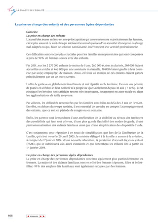 LA CHARTE DE L’ÉGALITÉ




      La prise en charge des enfants et des personnes âgées dépendantes

             Contexte
             La prise en charge des enfants
             L’accueil des jeunes enfants est une préoccupation qui concerne encore majoritairement les femmes,
             car le plus souvent ce sont elles qui subissent les conséquences d’un accueil et d’une prise en charge
             mal adaptés ou qui, faute de solution satisfaisante, interrompent leur activité professionnelle.

             Ces difficultés sont encore plus cruciales pour les familles monoparentales qui sont composées
             à près de 90% de femmes seules avec des enfants.

             Fin 2001, sur les 2 270 000 enfants de moins de 3 ans, 260 000 étaient scolarisés, 240 000 étaient
             accueillis en crèche et 460 000 par une assistante maternelle, 30 000 étaient gardés à leur domi-
             cile par un(e) employé(e) de maison. Ainsi, environ un million de ces enfants étaient gardés
             principalement par un de leurs parents.

             L’offre de garde reste globalement insuffisante et mal répartie sur le territoire. Il existe une pénurie
             de places en crèches et leur nombre n’a progressé que faiblement depuis 10 ans (+10%). C’est
             pourquoi les besoins non satisfaits restent très importants, notamment en zone rurale ou dans
             les agglomérations de taille moyenne.

             Par ailleurs, les difficultés rencontrées par les familles vont bien au-delà des 3 ans de l’enfant.
             En effet, en dehors du temps scolaire, il est essentiel de prendre en compte l’accompagnement
             des enfants, que ce soit en période de congés ou en semaine.

             Enfin, les parents sont demandeurs d’une amélioration de la visibilité au niveau des territoires
             des possibilités qui leur sont offertes, d’une plus grande flexibilité des modes de garde, d’une
             professionnalisation des aidants familiaux ainsi que d’une simplification des dispositifs d’aide.

             C’est notamment pour répondre à ce souci de simplification que lors de la Conférence de la
             famille, qui s’est tenue le 29 avril 2003, le ministre délégué à la famille a annoncé la création,
             à compter du 1er janvier 2004, d’une nouvelle allocation, la prestation d'accueil du jeune enfant
             (PAJE), qui se substituera aux aides existantes et qui concernera les enfants nés à partir du
             1er janvier 2004.

             La prise en charge des personnes âgées dépendantes
             La prise en charge des personnes dépendantes concerne également plus particulièrement les
             femmes. La majorité des aidants familiaux sont en effet des femmes (épouses, filles et belles-
             filles) 99% des emplois dits familiaux sont également occupés par des femmes.




168           ▲
                             ▲
                                 ▲




                  SOMMAIRE
 