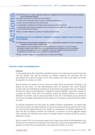 Les engagements des acteurs - Les pouvoirs publics - AXE V - La solidarité européenne et internationale




Actions
      N° 275 Promouvoir au niveau national les textes sur l’égalité entre les femmes et les hommes adoptés
             par le Conseil de l'Europe
      Les textes concernés sont notamment ceux relatifs à :
      • La lutte contre la traite des êtres humains et notamment des femmes ;
      • La lutte contre les violences envers les femmes ;
      • La participation équilibrée des femmes et des hommes à la prise de décision ;
      • La participation des femmes, à égalité avec les hommes, à la prévention et au règlement des conflits
        et à la reconstruction de la paix.
      Pilotage : ministère délégué à la parité et à l'égalité professionnelle


      Développement de la coopération bilatérale en matière d’égalité entre les femmes
      et les hommes

      N° 276 Promouvoir les échanges d’expériences avec d’autres États membres de l’Union européenne
             (actuels et futurs) et avec d’autres pays
      • Participation avec les ministères de la recherche allemand et norvégien à un projet européen
        de Specific Support Action (SSA) dont le principal objectif est la préparation d'une coordination
        des politiques nationales concernant l'intégration du genre et l'égalité hommes/femmes dans
        la recherche et la technologie (dans le cadre d'un projet ERA-Net).
      Pilotage : ministère délégué à la recherche et aux nouvelles technologies




Femmes et aide au développement

      Contexte
      La plus grande partie de la population mondiale est pauvre et les plus pauvres parmi les pauvres
      sont des femmes. Plus que les hommes, les femmes manquent des ressources qui leur
      permettraient de conjurer la misère ou d’en sortir, puisque leurs droits sont limités, en termes
      de propriété, de revenus, de crédit.

      Dans le monde, les femmes n’ont pas toutes les mêmes droits de propriété, d’héritage et de
      gestion de leurs biens. Les lois discriminatoires dans ces domaines sont encore monnaie
      courante, bien que formellement interdites par la Convention des Nations Unies sur l'élimination
      de toutes les formes de discrimination à l'égard des femmes (CEDAW), aujourd’hui ratifiée par
      la plupart des États. Ainsi, dans les économies rurales, les femmes cultivent les champs et
      effectuent les récoltes, mais ne peuvent posséder la terre. Or, il est fréquent que la possession
      d’une terre soit exigée comme garantie d’un emprunt et les femmes ne peuvent dès lors obtenir
      de crédit.

      Les femmes représentent les trois quarts du milliard d’adultes analphabètes. Les petites filles
      sont souvent exclues du système éducatif, du fait de leur position de future épouse et de la force
      de travail qu’elles représentent pour leur famille. En conséquence, les fillettes représentent les
      deux tiers des 110 millions d’enfants non scolarisés. La situation est encore aggravée lorsque
      l’État rencontre des difficultés pour assurer de manière efficace la bonne marche des secteurs
      éducatifs et sociaux.

      Dès les années 1970, il est clairement apparu que l’impact des projets de développement était
      différent pour les femmes et les hommes, alors même que l’aide au développement était censée
      apporter un mieux-être aux populations, sans distinction fondée sur le sexe.


          ▲                                                                                                                        179
                         ▲
                             ▲




              SOMMAIRE                                              POUR L’ÉGALITÉ DES HOMMES ET DES FEMMES, LA FRANCE S’ENGAGE.
 