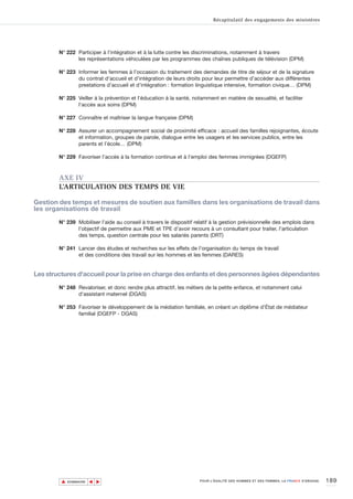 Récapitulatif des engagements des ministères




        N° 222 Participer à l’intégration et à la lutte contre les discriminations, notamment à travers
               les représentations véhiculées par les programmes des chaînes publiques de télévision (DPM)

        N° 223 Informer les femmes à l’occasion du traitement des demandes de titre de séjour et de la signature
               du contrat d’accueil et d’intégration de leurs droits pour leur permettre d’accéder aux différentes
               prestations d’accueil et d’intégration : formation linguistique intensive, formation civique… (DPM)

        N° 225 Veiller à la prévention et l’éducation à la santé, notamment en matière de sexualité, et faciliter
               l'accès aux soins (DPM)

        N° 227 Connaître et maîtriser la langue française (DPM)

        N° 228 Assurer un accompagnement social de proximité efficace : accueil des familles rejoignantes, écoute
               et information, groupes de parole, dialogue entre les usagers et les services publics, entre les
               parents et l’école… (DPM)

        N° 229 Favoriser l’accès à la formation continue et à l’emploi des femmes immigrées (DGEFP)



        AXE IV
        L’ARTICULATION DES TEMPS DE VIE

Gestion des temps et mesures de soutien aux familles dans les organisations de travail dans
les organisations de travail

        N° 239 Mobiliser l’aide au conseil à travers le dispositif relatif à la gestion prévisionnelle des emplois dans
               l’objectif de permettre aux PME et TPE d’avoir recours à un consultant pour traiter, l'articulation
               des temps, question centrale pour les salariés parents (DRT)

        N° 241 Lancer des études et recherches sur les effets de l’organisation du temps de travail
               et des conditions des travail sur les hommes et les femmes (DARES)


Les structures d'accueil pour la prise en charge des enfants et des personnes âgées dépendantes

        N° 248 Revaloriser, et donc rendre plus attractif, les métiers de la petite enfance, et notamment celui
               d’assistant maternel (DGAS)

        N° 253 Favoriser le développement de la médiation familiale, en créant un diplôme d’État de médiateur
               familial (DGEFP - DGAS)




         ▲                                                                                                                          189
                        ▲
                            ▲




             SOMMAIRE                                                POUR L’ÉGALITÉ DES HOMMES ET DES FEMMES, LA FRANCE S’ENGAGE.
 