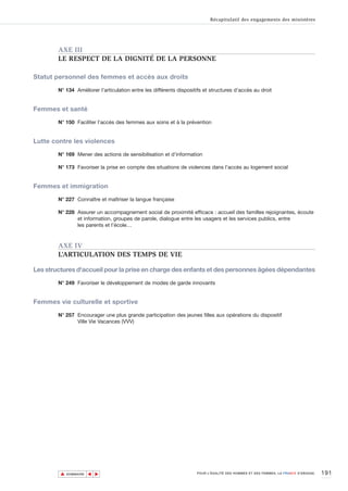 Récapitulatif des engagements des ministères




        AXE III
        LE RESPECT DE LA DIGNITÉ DE LA PERSONNE

Statut personnel des femmes et accès aux droits

        N° 134 Améliorer l'articulation entre les différents dispositifs et structures d'accès au droit


Femmes et santé

        N° 150 Faciliter l’accès des femmes aux soins et à la prévention


Lutte contre les violences

        N° 169 Mener des actions de sensibilisation et d'information

        N° 173 Favoriser la prise en compte des situations de violences dans l’accès au logement social


Femmes et immigration

        N° 227 Connaître et maîtriser la langue française

        N° 228 Assurer un accompagnement social de proximité efficace : accueil des familles rejoignantes, écoute
               et information, groupes de parole, dialogue entre les usagers et les services publics, entre
               les parents et l’école…



        AXE IV
        L’ARTICULATION DES TEMPS DE VIE

Les structures d'accueil pour la prise en charge des enfants et des personnes âgées dépendantes

        N° 249 Favoriser le développement de modes de garde innovants


Femmes vie culturelle et sportive

        N° 257 Encourager une plus grande participation des jeunes filles aux opérations du dispositif
               Ville Vie Vacances (VVV)




         ▲                                                                                                                          191
                        ▲
                            ▲




             SOMMAIRE                                                POUR L’ÉGALITÉ DES HOMMES ET DES FEMMES, LA FRANCE S’ENGAGE.
 