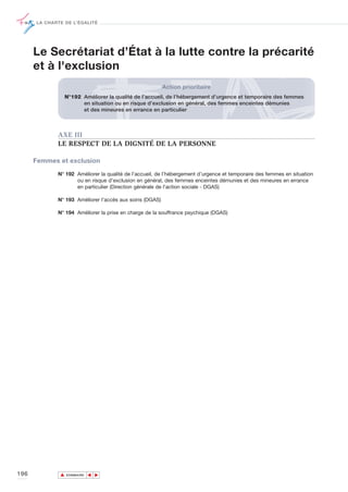 LA CHARTE DE L’ÉGALITÉ




      Le Secrétariat d’État à la lutte contre la précarité
      et à l'exclusion
                                                         Action prioritaire
                  N°192 Améliorer la qualité de l’accueil, de l’hébergement d’urgence et temporaire des femmes
                        en situation ou en risque d’exclusion en général, des femmes enceintes démunies
                        et des mineures en errance en particulier



             AXE III
             LE RESPECT DE LA DIGNITÉ DE LA PERSONNE

      Femmes et exclusion

             N° 192 Améliorer la qualité de l’accueil, de l’hébergement d’urgence et temporaire des femmes en situation
                    ou en risque d’exclusion en général, des femmes enceintes démunies et des mineures en errance
                    en particulier (Direction générale de l'action sociale - DGAS)

             N° 193 Améliorer l’accès aux soins (DGAS)

             N° 194 Améliorer la prise en charge de la souffrance psychique (DGAS)




196           ▲
                             ▲
                                 ▲




                  SOMMAIRE
 