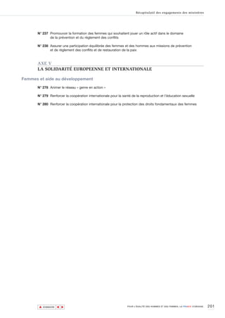 Récapitulatif des engagements des ministères




      N° 237 Promouvoir la formation des femmes qui souhaitent jouer un rôle actif dans le domaine
             de la prévention et du règlement des conflits

      N° 238 Assurer une participation équilibrée des femmes et des hommes aux missions de prévention
             et de règlement des conflits et de restauration de la paix



      AXE V
      LA SOLIDARITÉ EUROPEENNE ET INTERNATIONALE

Femmes et aide au développement

      N° 278 Animer le réseau « genre en action »

      N° 279 Renforcer la coopération internationale pour la santé de la reproduction et l’éducation sexuelle

      N° 280 Renforcer la coopération internationale pour la protection des droits fondamentaux des femmes




       ▲                                                                                                                       201
                      ▲
                          ▲




           SOMMAIRE                                             POUR L’ÉGALITÉ DES HOMMES ET DES FEMMES, LA FRANCE S’ENGAGE.
 