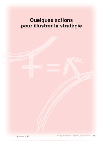 Quelques actions
      pour illustrer la stratégie




▲                                                                                     19
               ▲
                   ▲




    SOMMAIRE           POUR L’ÉGALITÉ DES HOMMES ET DES FEMMES, LA FRANCE S’ENGAGE.
 