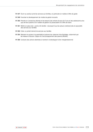 Récapitulatif des engagements des ministères




N° 247 Ouvrir au secteur privé les services aux familles, en particulier en matière d’offre de garde

N° 249 Favoriser le développement de modes de garde innovants

N° 250 Prendre en compte les attentes et les besoins des enfants de plus de 3 ans et des adolescents ainsi
       que de leurs parents d’en matière de gestion du parascolaire et d’offre de loisirs

N° 251 Mettre en place des « points info famille » réunissant tous les acteurs institutionnels et associatifs
       des services aux familles

N° 252 Créer un portail internet de services aux familles

N° 254 Maintenir le soutien à la parentalité et prévenir les violences intra-familiales, notamment par
       les réseaux d’écoute, d’appui et d’accompagnement des parents (REAAP)

N° 256 Conduire des actions destinées à maintenir et développer le lien intergénérationnel




▲                                                                                                                          219
               ▲
                   ▲




    SOMMAIRE                                                POUR L’ÉGALITÉ DES HOMMES ET DES FEMMES, LA FRANCE S’ENGAGE.
 
