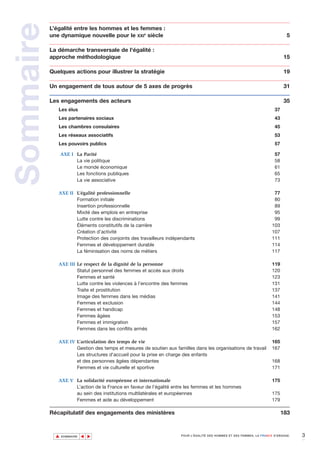 Sommaire   L’égalité entre les hommes et les femmes :
           une dynamique nouvelle pour le XXIe siècle

           La démarche transversale de l'égalité :
                                                                                                                               5


           approche méthodologique                                                                                           15

           Quelques actions pour illustrer la stratégie                                                                       19

           Un engagement de tous autour de 5 axes de progrès                                                                  31

           Les engagements des acteurs                                                                                       35
              Les élus                                                                                                  37
              Les partenaires sociaux                                                                                   43
              Les chambres consulaires                                                                                  45
              Les réseaux associatifs                                                                                   53
              Les pouvoirs publics                                                                                      57

                 AXE I La Parité                                                                                        57
                       La vie politique                                                                                 58
                       Le monde économique                                                                              61
                       Les fonctions publiques                                                                          65
                       La vie associative                                                                               73

              AXE II L’égalité professionnelle                                                                          77
                     Formation initiale                                                                                 80
                     Insertion professionnelle                                                                          89
                     Mixité des emplois en entreprise                                                                   95
                     Lutte contre les discriminations                                                                   99
                     Éléments constitutifs de la carrière                                                              103
                     Création d’activité                                                                               107
                     Protection des conjoints des travailleurs indépendants                                            111
                     Femmes et développement durable                                                                   114
                     La féminisation des noms de métiers                                                               117

              AXE III Le respect de la dignité de la personne                                                          119
                      Statut personnel des femmes et accès aux droits                                                  120
                      Femmes et santé                                                                                  123
                      Lutte contre les violences à l’encontre des femmes                                               131
                      Traite et prostitution                                                                           137
                      Image des femmes dans les médias                                                                 141
                      Femmes et exclusion                                                                              144
                      Femmes et handicap                                                                               148
                      Femmes âgées                                                                                     153
                      Femmes et immigration                                                                            157
                      Femmes dans les conflits armés                                                                   162

              AXE IV L’articulation des temps de vie                                                                   165
                     Gestion des temps et mesures de soutien aux familles dans les organisations de travail            167
                     Les structures d'accueil pour la prise en charge des enfants
                     et des personnes âgées dépendantes                                                                168
                     Femmes et vie culturelle et sportive                                                              171

              AXE V La solidarité européenne et internationale                                                         175
                    L’action de la France en faveur de l’égalité entre les femmes et les hommes
                    au sein des institutions multilatérales et européennes                                             175
                    Femmes et aide au développement                                                                    179

           Récapitulatif des engagements des ministères                                                                      183



             ▲                                                                                                                      3
                            ▲
                                ▲




                 SOMMAIRE                                            POUR L’ÉGALITÉ DES HOMMES ET DES FEMMES, LA FRANCE S’ENGAGE.
 