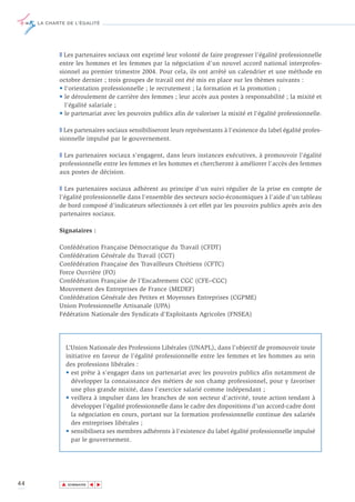 LA CHARTE DE L’ÉGALITÉ




            T Les partenaires sociaux ont exprimé leur volonté de faire progresser l'égalité professionnelle
            entre les hommes et les femmes par la négociation d'un nouvel accord national interprofes-
            sionnel au premier trimestre 2004. Pour cela, ils ont arrêté un calendrier et une méthode en
            octobre dernier ; trois groupes de travail ont été mis en place sur les thèmes suivants :
            • l'orientation professionnelle ; le recrutement ; la formation et la promotion ;
            • le déroulement de carrière des femmes ; leur accès aux postes à responsabilité ; la mixité et
              l'égalité salariale ;
            • le partenariat avec les pouvoirs publics afin de valoriser la mixité et l'égalité professionnelle.

            T Les partenaires sociaux sensibiliseront leurs représentants à l'existence du label égalité profes-
            sionnelle impulsé par le gouvernement.

            T Les partenaires sociaux s'engagent, dans leurs instances exécutives, à promouvoir l'égalité
            professionnelle entre les femmes et les hommes et chercheront à améliorer l'accès des femmes
            aux postes de décision.

            T Les partenaires sociaux adhèrent au principe d'un suivi régulier de la prise en compte de
            l'égalité professionnelle dans l'ensemble des secteurs socio-économiques à l’aide d’un tableau
            de bord composé d’indicateurs sélectionnés à cet effet par les pouvoirs publics après avis des
            partenaires sociaux.

            Signataires :

            Confédération Française Démocratique du Travail (CFDT)
            Confédération Générale du Travail (CGT)
            Confédération Française des Travailleurs Chrétiens (CFTC)
            Force Ouvrière (FO)
            Confédération Française de l’Encadrement CGC (CFE–CGC)
            Mouvement des Entreprises de France (MEDEF)
            Confédération Générale des Petites et Moyennes Entreprises (CGPME)
            Union Professionnelle Artisanale (UPA)
            Fédération Nationale des Syndicats d'Exploitants Agricoles (FNSEA)




               L’Union Nationale des Professions Libérales (UNAPL), dans l’objectif de promouvoir toute
               initiative en faveur de l’égalité professionnelle entre les femmes et les hommes au sein
               des professions libérales :
               • est prête à s’engager dans un partenariat avec les pouvoirs publics afin notamment de
                 développer la connaissance des métiers de son champ professionnel, pour y favoriser
                 une plus grande mixité, dans l’exercice salarié comme indépendant ;
               • veillera à impulser dans les branches de son secteur d’activité, toute action tendant à
                 développer l’égalité professionnelle dans le cadre des dispositions d’un accord-cadre dont
                 la négociation en cours, portant sur la formation professionnelle continue des salariés
                 des entreprises libérales ;
               • sensibilisera ses membres adhérents à l'existence du label égalité professionnelle impulsé
                 par le gouvernement.




44           ▲
                            ▲
                                ▲




                 SOMMAIRE
 