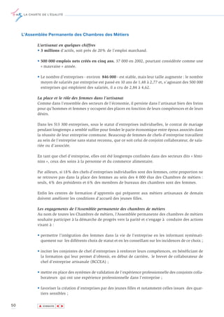 LA CHARTE DE L’ÉGALITÉ




     L’Assemblée Permanente des Chambres des Métiers

            L’artisanat en quelques chiffres
            • 3 millions d’actifs, soit près de 20% de l’emploi marchand.

            • 500 000 emplois nets créés en cinq ans. 37 000 en 2002, pourtant considérée comme une
              « mauvaise » année.

            • Le nombre d’entreprises - environ 846 000 - est stable, mais leur taille augmente : le nombre
              moyen de salariés par entreprise est passé en 10 ans de 1,48 à 2,77 et, s’agissant des 500 000
              entreprises qui emploient des salariés, il a cru de 2,84 à 4,62.

            La place et le rôle des femmes dans l’artisanat
            Comme dans l’ensemble des secteurs de l’économie, il persiste dans l’artisanat bien des freins
            pour qu’hommes et femmes y occupent des places en fonction de leurs compétences et de leurs
            désirs.

            Dans les 513 300 entreprises, sous le statut d’entreprises individuelles, le contrat de mariage
            pendant longtemps a semblé suffire pour fonder le pacte économique entre époux associés dans
            la réussite de leur entreprise commune. Beaucoup de femmes de chefs d’entreprise travaillent
            au sein de l’entreprise sans statut reconnu, que ce soit celui de conjoint collaborateur, de sala-
            riée ou d’associée.

            En tant que chef d’entreprise, elles ont été longtemps confinées dans des secteurs dits « fémi-
            nins », ceux des soins à la personne et du commerce alimentaire.

            Par ailleurs, si 18% des chefs d’entreprises individuelles sont des femmes, cette proportion ne
            se retrouve pas dans la place des femmes au sein des 4 000 élus des Chambres de métiers :
            seuls, 4% des présidents et 6% des membres de bureaux des chambres sont des femmes.

            Enfin les centres de formation d’apprentis qui préparent aux métiers artisanaux de demain
            doivent améliorer les conditions d’accueil des jeunes filles.

            Les engagements de l’Assemblée permanente des chambres de métiers
            Au nom de toutes les Chambres de métiers, l’Assemblée permanente des chambres de métiers
            souhaite participer à la démarche de progrès vers la parité et s’engage à conduire des actions
            visant à :

            • permettre l’intégration des femmes dans la vie de l’entreprise en les informant systémati-
              quement sur les différents choix de statut et en les conseillant sur les incidences de ce choix ;

            • inciter les conjointes de chef d’entreprises à renforcer leurs compétences, en bénéficiant de
              la formation qui leur permet d’obtenir, en début de carrière, le brevet de collaborateur de
              chef d’entreprise artisanale (BCCEA) ;

            • mettre en place des systèmes de validation de l’expérience professionnelle des conjoints colla-
              borateurs qui ont une expérience professionnelle dans l’entreprise ;

            • favoriser la création d’entreprises par des jeunes filles et notamment celles issues des quar-
              tiers sensibles ;

50           ▲
                            ▲
                                ▲




                 SOMMAIRE
 