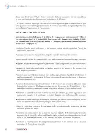 LA CHARTE DE L’ÉGALITÉ




            En ce sens, dès février 1999, les Assises nationales de la vie associative ont mis en évidence
            la sous-représentation des femmes dans les instances de décision.

            Les travaux conduits depuis par certaines associations et grandes fédérations montrent en quoi
            cette question renouvelle le projet associatif et constitue un outil de changement positif dans
            les modalités d’organisation de l’association.

            ENGAGEMENTS DES ASSOCIATIONS

            Volontairement, dans la logique de la Charte des engagements réciproques entre l’État et
            les associations signée le 1er juillet 2001, date anniversaire du centenaire de la loi de 1901,
            les réseaux associatifs organisés au sein de la Conférence permanente des coordinations
            associatives s’engagent à :

            • valoriser l’égalité entre les femmes et les hommes comme un déterminant de l’avenir du
              mouvement associatif ;

            • assurer, par les modes d’organisation, l’égalité entre les femmes et les hommes ;

            • promouvoir le partage des responsabilités entre les femmes et les hommes dans leurs instances.

            A cet effet, les coordinations signataires préconisent à leurs composantes les actions suivantes :

            • engager de façon volontaire le débat sur la place respective des femmes et des hommes dans
              leur propre organisation ;

            • inscrire dans leur réflexion statutaire l’objectif de représentation équilibrée des femmes et
              des hommes dans les instances de décision, notamment la question du cumul et du renou-
              vellement des mandats ;

            • analyser la situation comparée des femmes et des hommes au sein de la fédération ou de
              l’association, au moyen d’indicateurs qui permettent de mesurer les déséquilibres, et fixer
              des objectifs quantitatifs et qualitatifs de progression selon un échéancier déterminé ;

            • identifier, au sein de la fédération ou de l’association, des référents, qui seront le garant du suivi
              des mesures engagées et de leur impact en matière d’égalité entre les femmes et les hommes ;

            • organiser un réseau spécifique de femmes et d’hommes qui veulent construire l’égalité, notam-
              ment afin de mutualiser les bonnes pratiques dans ce domaine ;

            • innover en mettant en œuvre de nouveaux modes organisationnels, notamment par une
              meilleure gestion des temps ;

            • renforcer les connaissances par la mise en place de modules de formation et d’accompa-
              gnement, afin de former les adhérents à l’égalité et plus particulièrement de conduire un travail
              collectif sur les rôles des femmes et des hommes, au regard notamment du pouvoir ;

            • améliorer la reconnaissance des compétences des femmes et des hommes par la validation
              des acquis de l’expérience bénévole.

54           ▲
                            ▲
                                ▲




                 SOMMAIRE
 