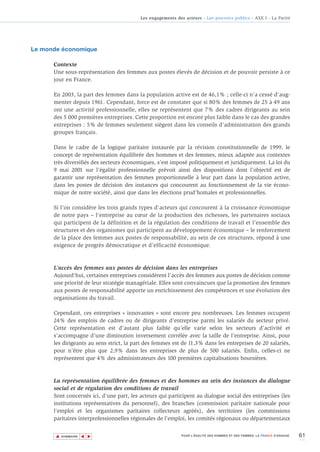 Les engagements des acteurs - Les pouvoirs publics - AXE I - La Parité




Le monde économique

      Contexte
      Une sous-représentation des femmes aux postes élevés de décision et de pouvoir persiste à ce
      jour en France.

      En 2003, la part des femmes dans la population active est de 46,1% ; celle-ci n'a cessé d'aug-
      menter depuis 1961. Cependant, force est de constater que si 80% des femmes de 25 à 49 ans
      ont une activité professionnelle, elles ne représentent que 7% des cadres dirigeants au sein
      des 5 000 premières entreprises. Cette proportion est encore plus faible dans le cas des grandes
      entreprises : 5% de femmes seulement siègent dans les conseils d'administration des grands
      groupes français.

      Dans le cadre de la logique paritaire instaurée par la révision constitutionnelle de 1999, le
      concept de représentation équilibrée des hommes et des femmes, mieux adaptée aux contextes
      très diversifiés des secteurs économiques, s'est imposé politiquement et juridiquement. La loi du
      9 mai 2001 sur l’égalité professionnelle prévoit ainsi des dispositions dont l'objectif est de
      garantir une représentation des femmes proportionnelle à leur part dans la population active,
      dans les postes de décision des instances qui concourent au fonctionnement de la vie écono-
      mique de notre société, ainsi que dans les élections prud’homales et professionnelles.

      Si l’on considère les trois grands types d'acteurs qui concourent à la croissance économique
      de notre pays – l'entreprise au cœur de la production des richesses, les partenaires sociaux
      qui participent de la définition et de la régulation des conditions de travail et l’ensemble des
      structures et des organismes qui participent au développement économique – le renforcement
      de la place des femmes aux postes de responsabilité, au sein de ces structures, répond à une
      exigence de progrès démocratique et d’efficacité économique.



      L’accès des femmes aux postes de décision dans les entreprises
      Aujourd'hui, certaines entreprises considèrent l’accès des femmes aux postes de décision comme
      une priorité de leur stratégie managériale. Elles sont convaincues que la promotion des femmes
      aux postes de responsabilité apporte un enrichissement des compétences et une évolution des
      organisations du travail.

      Cependant, ces entreprises « innovantes » sont encore peu nombreuses. Les femmes occupent
      24% des emplois de cadres ou de dirigeants d’entreprise parmi les salariés du secteur privé.
      Cette représentation est d’autant plus faible qu’elle varie selon les secteurs d’activité et
      s’accompagne d’une diminution inversement corrélée avec la taille de l’entreprise. Ainsi, pour
      les dirigeants au sens strict, la part des femmes est de 11,3% dans les entreprises de 20 salariés,
      pour n’être plus que 2,9% dans les entreprises de plus de 500 salariés. Enfin, celles-ci ne
      représentent que 4% des administrateurs des 100 premières capitalisations boursières.



      La représentation équilibrée des femmes et des hommes au sein des instances du dialogue
      social et de régulation des conditions de travail
      Sont concernés ici, d'une part, les acteurs qui participent au dialogue social des entreprises (les
      institutions représentatives du personnel), des branches (commission paritaire nationale pour
      l'emploi et les organismes paritaires collecteurs agréés), des territoires (les commissions
      paritaires interprofessionnelles régionales de l'emploi, les comités régionaux ou départementaux


       ▲                                                                                                                    61
                      ▲
                          ▲




           SOMMAIRE                                          POUR L’ÉGALITÉ DES HOMMES ET DES FEMMES, LA FRANCE S’ENGAGE.
 