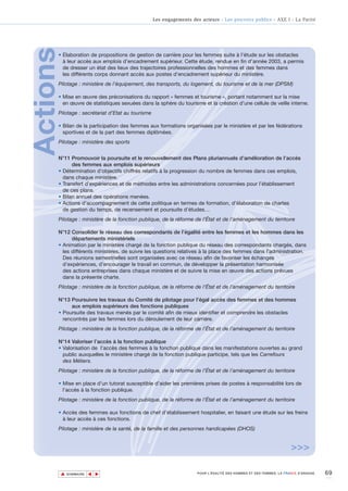 Les engagements des acteurs - Les pouvoirs publics - AXE I - La Parité




Actions
      • Elaboration de propositions de gestion de carrière pour les femmes suite à l’étude sur les obstacles
        à leur accès aux emplois d’encadrement supérieur. Cette étude, rendue en fin d’année 2003, a permis
        de dresser un état des lieux des trajectoires professionnelles des hommes et des femmes dans
        les différents corps donnant accès aux postes d’encadrement supérieur du ministère.
      Pilotage : ministère de l’équipement, des transports, du logement, du tourisme et de la mer (DPSM)

      • Mise en œuvre des préconisations du rapport « femmes et tourisme », portant notamment sur la mise
        en œuvre de statistiques sexuées dans la sphère du tourisme et la création d’une cellule de veille interne.
      Pilotage : secrétariat d’Etat au tourisme

      • Bilan de la participation des femmes aux formations organisées par le ministère et par les fédérations
        sportives et de la part des femmes diplômées.
      Pilotage : ministère des sports


      N°11 Promouvoir la poursuite et le renouvellement des Plans pluriannuels d’amélioration de l’accès
            des femmes aux emplois supérieurs
      • Détermination d’objectifs chiffrés relatifs à la progression du nombre de femmes dans ces emplois,
        dans chaque ministère.
      • Transfert d’expériences et de méthodes entre les administrations concernées pour l’établissement
        de ces plans.
      • Bilan annuel des opérations menées.
      • Actions d’accompagnement de cette politique en termes de formation, d’élaboration de chartes
        de gestion du temps, de recensement et poursuite d’études…
      Pilotage : ministère de la fonction publique, de la réforme de l’État et de l’aménagement du territoire

      N°12 Consolider le réseau des correspondants de l’égalité entre les femmes et les hommes dans les
            départements ministériels
      • Animation par le ministère chargé de la fonction publique du réseau des correspondants chargés, dans
        les différents ministères, de suivre les questions relatives à la place des femmes dans l’administration.
        Des réunions semestrielles sont organisées avec ce réseau afin de favoriser les échanges
        d’expériences, d’encourager le travail en commun, de développer la présentation harmonisée
        des actions entreprises dans chaque ministère et de suivre la mise en œuvre des actions prévues
        dans la présente charte.
      Pilotage : ministère de la fonction publique, de la réforme de l’État et de l’aménagement du territoire

      N°13 Poursuivre les travaux du Comité de pilotage pour l’égal accès des femmes et des hommes
            aux emplois supérieurs des fonctions publiques
      • Poursuite des travaux menés par le comité afin de mieux identifier et comprendre les obstacles
        rencontrés par les femmes lors du déroulement de leur carrière.
      Pilotage : ministère de la fonction publique, de la réforme de l’État et de l’aménagement du territoire

      N°14 Valoriser l’accès à la fonction publique
      • Valorisation de l’accès des femmes à la fonction publique dans les manifestations ouvertes au grand
        public auxquelles le ministère chargé de la fonction publique participe, tels que les Carrefours
        des Métiers.
      Pilotage : ministère de la fonction publique, de la réforme de l’État et de l’aménagement du territoire

      • Mise en place d’un tutorat susceptible d’aider les premières prises de postes à responsabilité lors de
        l’accès à la fonction publique.
      Pilotage : ministère de la fonction publique, de la réforme de l’État et de l’aménagement du territoire

      • Accès des femmes aux fonctions de chef d’établissement hospitalier, en faisant une étude sur les freins
        à leur accès à ces fonctions.
      Pilotage : ministère de la santé, de la famille et des personnes handicapées (DHOS)


                                                                                                                    >>>

          ▲                                                                                                                         69
                         ▲
                             ▲




              SOMMAIRE                                               POUR L’ÉGALITÉ DES HOMMES ET DES FEMMES, LA FRANCE S’ENGAGE.
 