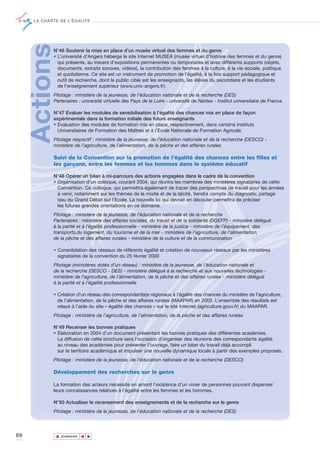 LA CHARTE DE L’ÉGALITÉ




     ActionsN°46 Soutenir la mise en place d’un musée virtuel des femmes et du genre
            • L’université d’Angers héberge le site Internet MUSEA (musée virtuel d’histoire des femmes et du genre)
              qui présente, au travers d’expositions permanentes ou temporaires et avec différents supports (objets,
              documents, extraits sonores, vidéos), la contribution des femmes à la culture, à la vie sociale, politique
              et quotidienne. Ce site est un instrument de promotion de l’égalité, à la fois support pédagogique et
              outil de recherche, dont le public cible est les enseignants, les élèves du secondaire et les étudiants
              de l’enseignement supérieur (www.univ-angers.fr).
            Pilotage : ministère de la jeunesse, de l'éducation nationale et de la recherche (DES)
            Partenaires : université virtuelle des Pays de la Loire - université de Nantes - Institut universitaire de France.

            N°47 Evaluer les modules de sensibilisation à l’égalité des chances mis en place de façon
            expérimentale dans la formation initiale des futurs enseignants
            • Evaluation des modules de formation mis en place, respectivement, dans certains Instituts
              Universitaires de Formation des Maîtres et à l’Ecole Nationale de Formation Agricole.
            Pilotage respectif : ministère de la jeunesse, de l'éducation nationale et de la recherche (DESCO) -
            ministère de l’agriculture, de l’alimentation, de la pêche et des affaires rurales

            Suivi de la Convention sur la promotion de l’égalité des chances entre les filles et
            les garçons, entre les femmes et les hommes dans le système éducatif

            N°48 Opérer un bilan à mi-parcours des actions engagées dans le cadre de la convention
            • Organisation d’un colloque, courant 2004, qui réunira les membres des ministères signataires de cette
              Convention. Ce colloque, qui permettra également de tracer des perspectives de travail pour les années
              à venir, notamment sur les thèmes de la mixité et de la laïcité, tiendra compte du diagnostic partagé
              issu du Grand Débat sur l’Ecole. La nouvelle loi qui devrait en découler permettra de préciser
              les futures grandes orientations en ce domaine.
            Pilotage : ministère de la jeunesse, de l'éducation nationale et de la recherche
            Partenaires : ministère des affaires sociales, du travail et de la solidarité (DGEFP) - ministère délégué
            à la parité et à l’égalité professionnelle - ministère de la justice - ministère de l’équipement, des
            transports,du logement, du tourisme et de la mer - ministère de l’agriculture, de l’alimentation,
            de la pêche et des affaires rurales - ministère de la culture et de la communication

            • Consolidation des réseaux de référents égalité et création de nouveaux réseaux par les ministères
              signataires de la convention du 25 février 2000
            Pilotage (ministères dotés d’un réseau) : ministère de la jeunesse, de l'éducation nationale et
            de la recherche (DESCO - DES) - ministère délégué à la recherche et aux nouvelles technologies -
            ministère de l’agriculture, de l’alimentation, de la pêche et des affaires rurales - ministère délégué
            à la parité et à l’égalité professionnelle

            • Création d’un réseau des correspondant(e)s régionaux à l’égalité des chances du ministère de l’agriculture,
              de l’alimentation, de la pêche et des affaires rurales (MAAPAR) en 2002. L’ensemble des résultats est
              relayé à l’aide du site « égalité des chances » sur le site Internet (agriculture.gouv.fr) du MAAPAR.
            Pilotage : ministère de l’agriculture, de l’alimentation, de la pêche et des affaires rurales

            N°49 Recenser les bonnes pratiques
            • Elaboration en 2004 d’un document présentant les bonnes pratiques des différentes académies.
              La diffusion de cette brochure sera l’occasion d’organiser des réunions des correspondants égalité
              au niveau des académies pour présenter l’ouvrage, faire un bilan du travail déjà accompli
              sur le territoire académique et impulser une nouvelle dynamique locale à partir des exemples proposés.
            Pilotage : ministère de la jeunesse, de l'éducation nationale et de la recherche (DESCO)

            Développement des recherches sur le genre

            La formation des acteurs nécessite en amont l’existence d’un vivier de personnes pouvant dispenser
            leurs connaissances relatives à l’égalité entre les femmes et les hommes.

            N°50 Actualiser le recensement des enseignements et de la recherche sur le genre
            Pilotage : ministère de la jeunesse, de l'éducation nationale et de la recherche (DES)



88             ▲
                              ▲
                                  ▲




                   SOMMAIRE
 