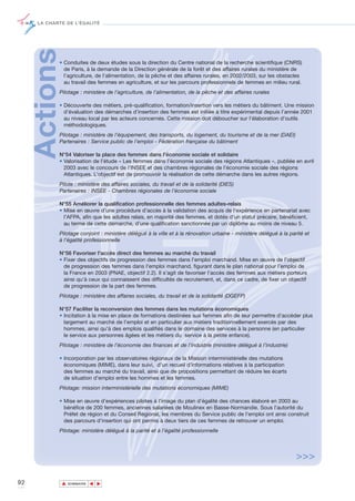 LA CHARTE DE L’ÉGALITÉ




     Actions• Conduites de deux études sous la direction du Centre national de la recherche scientifique (CNRS)
              de Paris, à la demande de la Direction générale de la forêt et des affaires rurales du ministère de
              l’agriculture, de l’alimentation, de la pêche et des affaires rurales, en 2002/2003, sur les obstacles
              au travail des femmes en agriculture, et sur les parcours professionnels de femmes en milieu rural.
            Pilotage : ministère de l’agriculture, de l’alimentation, de la pêche et des affaires rurales

            • Découverte des métiers, pré-qualification, formation/insertion vers les métiers du bâtiment. Une mission
              d’évaluation des démarches d’insertion des femmes est initiée à titre expérimental depuis l’année 2001
              au niveau local par les acteurs concernés. Cette mission doit déboucher sur l’élaboration d’outils
              méthodologiques.
            Pilotage : ministère de l’équipement, des transports, du logement, du tourisme et de la mer (DAEI)
            Partenaires : Service public de l’emploi - Fédération française du bâtiment

            N°54 Valoriser la place des femmes dans l’économie sociale et solidaire
            • Valorisation de l’étude « Les femmes dans l’économie sociale des régions Atlantiques », publiée en avril
              2003 avec le concours de l’INSEE et des chambres régionales de l’économie sociale des régions
              Atlantiques. L’objectif est de promouvoir la réalisation de cette démarche dans les autres régions.
            Pilote : ministère des affaires sociales, du travail et de la solidarité (DIES)
            Partenaires : INSEE - Chambres régionales de l’économie sociale

            N°55 Améliorer la qualification professionnelle des femmes adultes-relais
            • Mise en œuvre d’une procédure d’accès à la validation des acquis de l'expérience en partenariat avec
              l’AFPA, afin que les adultes relais, en majorité des femmes, et dotés d’un statut précaire, bénéficient,
              au terme de cette démarche, d’une qualification sanctionnée par un diplôme au moins de niveau 5.
            Pilotage conjoint : ministère délégué à la ville et à la rénovation urbaine - ministère délégué à la parité et
            à l’égalité professionnelle

            N°56 Favoriser l'accès direct des femmes au marché du travail
            • Fixer des objectifs de progression des femmes dans l'emploi marchand. Mise en œuvre de l’objectif
              de progression des femmes dans l'emploi marchand, figurant dans le plan national pour l’emploi de
              la France en 2003 (PNAE, objectif 2.2). Il s’agit de favoriser l’accès des femmes aux métiers porteurs
              ainsi qu’à ceux qui connaissent des difficultés de recrutement, et, dans ce cadre, de fixer un objectif
              de progression de la part des femmes.
            Pilotage : ministère des affaires sociales, du travail et de la solidarité (DGEFP)

            N°57 Faciliter la reconversion des femmes dans les mutations économiques
            • Incitation à la mise en place de formations destinées aux femmes afin de leur permettre d’accéder plus
              largement au marché de l’emploi et en particulier aux métiers traditionnellement exercés par des
              hommes, ainsi qu’à des emplois qualifiés dans le domaine des services à la personne (en particulier
              le service aux personnes âgées et les métiers du service à la petite enfance).
            Pilotage : ministère de l’économie des finances et de l’industrie (ministère délégué à l’industrie)

            • Incorporation par les observatoires régionaux de la Mission interministérielle des mutations
              économiques (MIME), dans leur suivi, d’un recueil d’informations relatives à la participation
              des femmes au marché du travail, ainsi que de propositions permettant de réduire les écarts
              de situation d’emploi entre les hommes et les femmes.
            Pilotage: mission interministérielle des mutations économiques (MIME)

            • Mise en œuvre d’expériences pilotes à l’image du plan d’égalité des chances élaboré en 2003 au
              bénéfice de 200 femmes, anciennes salariées de Moulinex en Basse-Normandie. Sous l’autorité du
              Préfet de région et du Conseil Régional, les membres du Service public de l’emploi ont ainsi construit
              des parcours d’insertion qui ont permis à deux tiers de ces femmes de retrouver un emploi.
            Pilotage: ministère délégué à la parité et à l’égalité professionnelle




                                                                                                                    >>>

92             ▲
                              ▲
                                  ▲




                   SOMMAIRE
 
