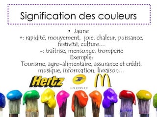 Signification des couleurs
• Jaune
+: rapidité, mouvement, joie, chaleur, puissance,
festivité, culture…
-: traîtrise, mensonge, tromperie
Exemple:
Tourisme, agro-alimentaire, assurance et crédit,
musique, information, livraison…
 