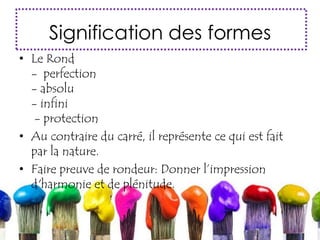 Signification des formes
• Le Rond
- perfection
- absolu
- infini
- protection
• Au contraire du carré, il représente ce qui est fait
par la nature.
• Faire preuve de rondeur: Donner l’impression
d'harmonie et de plénitude.
 