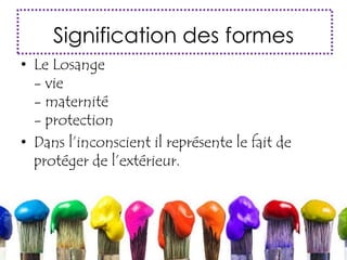 Signification des formes
• Le Losange
- vie
- maternité
- protection
• Dans l’inconscient il représente le fait de
protéger de l’extérieur.
 