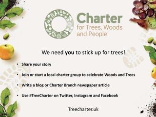 We need you to stick up for trees!
• Share your story
• Join or start a local charter group to celebrate Woods and Trees
• Write a blog or Charter Branch newspaper article
• Use #TreeCharter on Twitter, Instagram and Facebook
Treecharter.uk
 