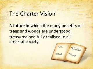 The Charter Vision
A future in which the many benefits of
trees and woods are understood,
treasured and fully realised in all
areas of society.
 