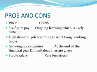 PROS AND CONS-
 PROS CONS
 Six-figure pay Ongoing learning which is likely
difficult
 High demand job according to workLong working
hours
 Growing opportunities At the end of the
financial year Difficult deadlines are given
 Stable salary Very less stress
 