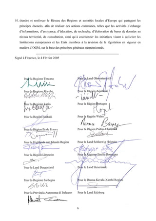 10. étendre et renforcer le Réseau des Régions et autorités locales d’Europe qui partagent les
   principes énoncés, afin de réaliser des actions communes, telles que les activités d’échange
   d’informations, d’assistance, d’éducation, de recherche, d’élaboration de bases de données au
   niveau territorial, de consultation, ainsi qu’à coordonner les initiatives visant à solliciter les
   Institutions européennes et les Etats membres à la révision de la législation en vigueur en
   matière d’OGM, sur la base des principes généraux susmentionnés.


Signé à Florence, le 4 Février 2005




                                                 6
 