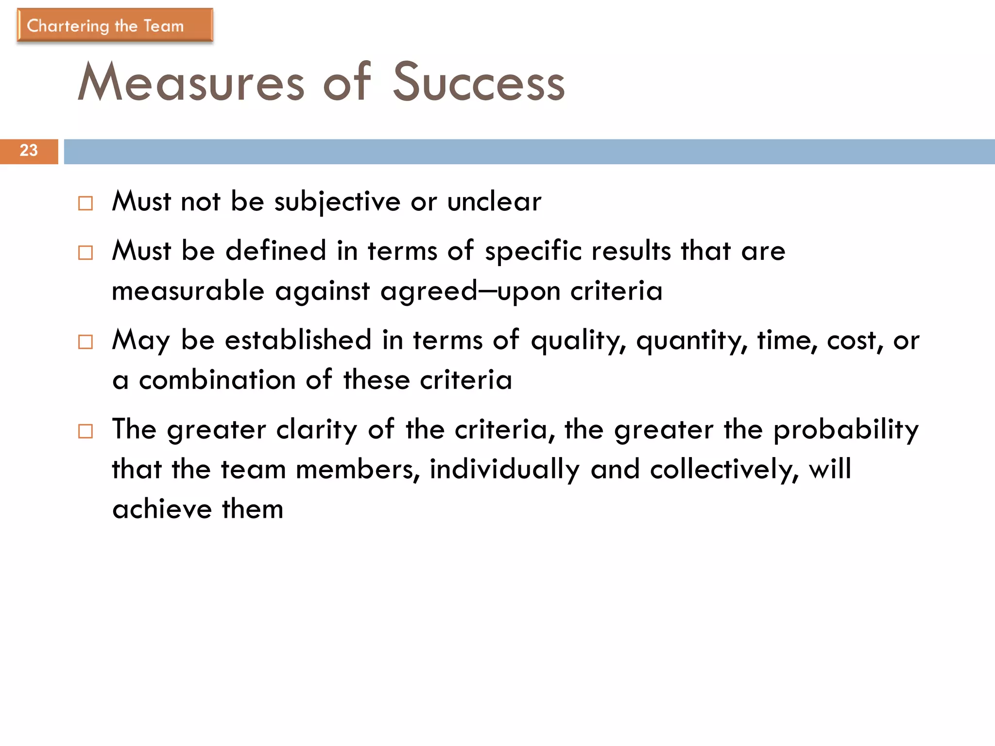 Measures of Success
23


        Must not be subjective or unclear
        Must be defined in terms of specific results that are
         measurable against agreed‒upon criteria
        May be established in terms of quality, quantity, time, cost, or
         a combination of these criteria
        The greater clarity of the criteria, the greater the probability
         that the team members, individually and collectively, will
         achieve them
 