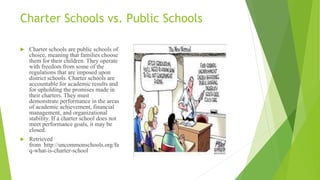 Charter Schools vs. Public Schools
 Charter schools are public schools of
choice, meaning that families choose
them for their children. They operate
with freedom from some of the
regulations that are imposed upon
district schools. Charter schools are
accountable for academic results and
for upholding the promises made in
their charters. They must
demonstrate performance in the areas
of academic achievement, financial
management, and organizational
stability. If a charter school does not
meet performance goals, it may be
closed.
 Retrieved
from http://uncommonschools.org/fa
q-what-is-charter-school
 