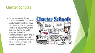 Charter Schools
 In recent years, Casey
(2015) indicated that race
and class inequalities have
afflicted public education
and as a result many cities
have deliberately built
charter schools in
communities of color and in
neighborhoods with high
rates of poverty to address
those issues of race and
class inequalities.
 