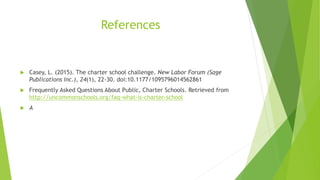References
 Casey, L. (2015). The charter school challenge. New Labor Forum (Sage
Publications Inc.), 24(1), 22-30. doi:10.1177/1095796014562861
 Frequently Asked Questions About Public, Charter Schools. Retrieved from
http://uncommonschools.org/faq-what-is-charter-school
 A
 