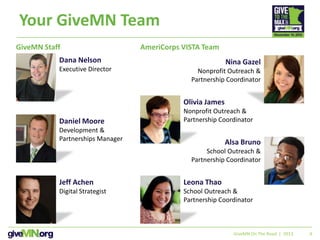 4
Your GiveMN Team
GiveMN On The Road | 2013
Dana Nelson
Executive Director
Daniel Moore
Development &
Partnerships Manager
Jeff Achen
Digital Strategist
Leona Thao
School Outreach &
Partnership Coordinator
Alsa Bruno
School Outreach &
Partnership Coordinator
Nina Gazel
Nonprofit Outreach &
Partnership Coordinator
Olivia James
Nonprofit Outreach &
Partnership Coordinator
AmeriCorps VISTA TeamGiveMN Staff
 