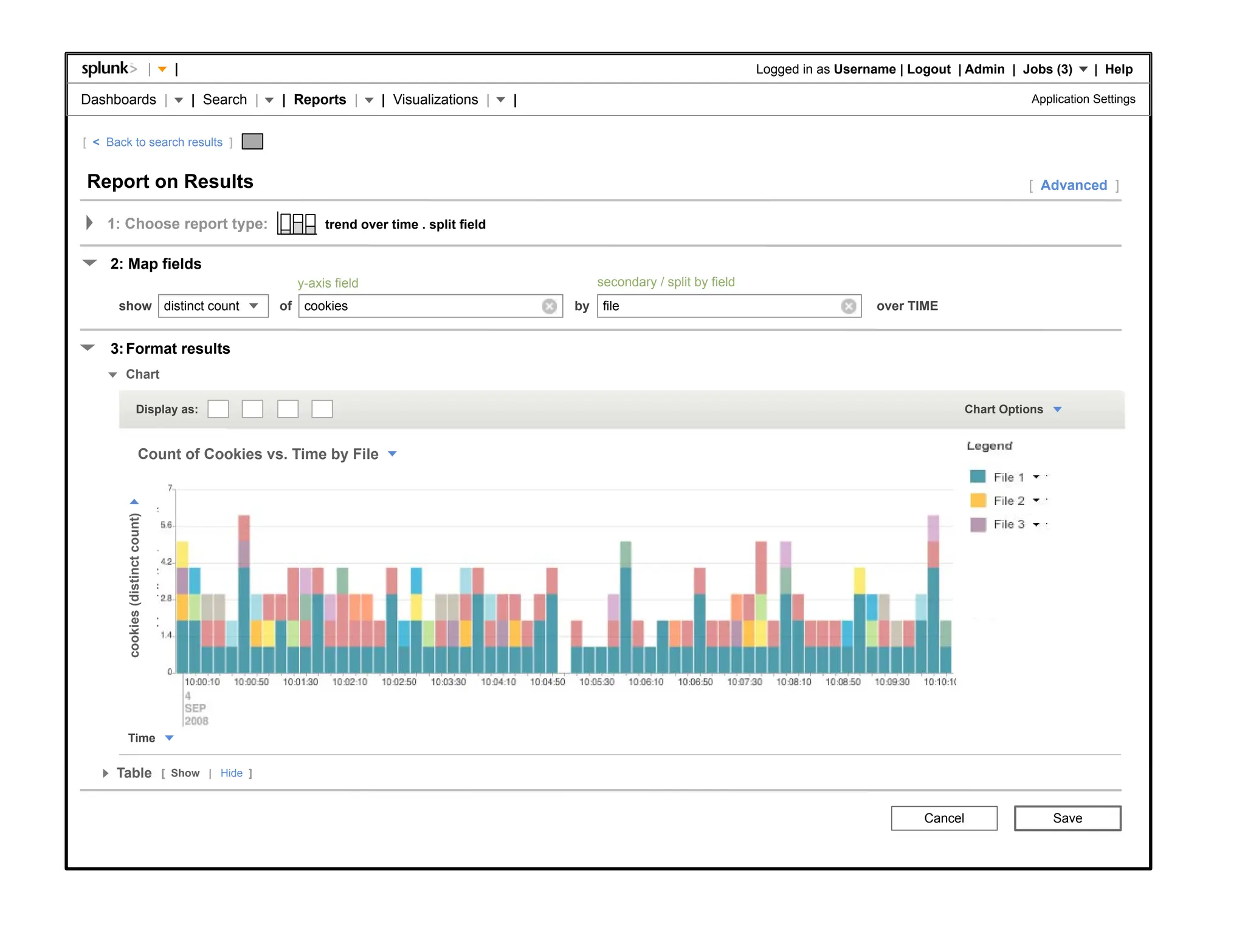 |                              |                                                                                             Logged in as Username | Logout | Admin | Jobs (3)         | Help

Dashboards |                                                          | Search |   | Reports |      | Visualizations |    |                                                                                   Application Settings


[ < Back to search results ]


Report on Results                                                                                                                                                                                            [ Advanced ]

    1: Choose report type:                                                                trend over time . split field


     2: Map fields
                                                                                     y-axis field                                  secondary / split by field
      show distinct count                                                          of cookies                                 by    file                                          over TIME


     3: Format results
        Chart

                     Display as:                                                                                                                                                                   Chart Options


                         Count of Cookies vs. Time by File
                                       cookies (distinct count)
        cookies (distinct count)




        Time


      Table                                    [ Show | Hide ]



                                                                                                                                                                                          Cancel                   Save
 