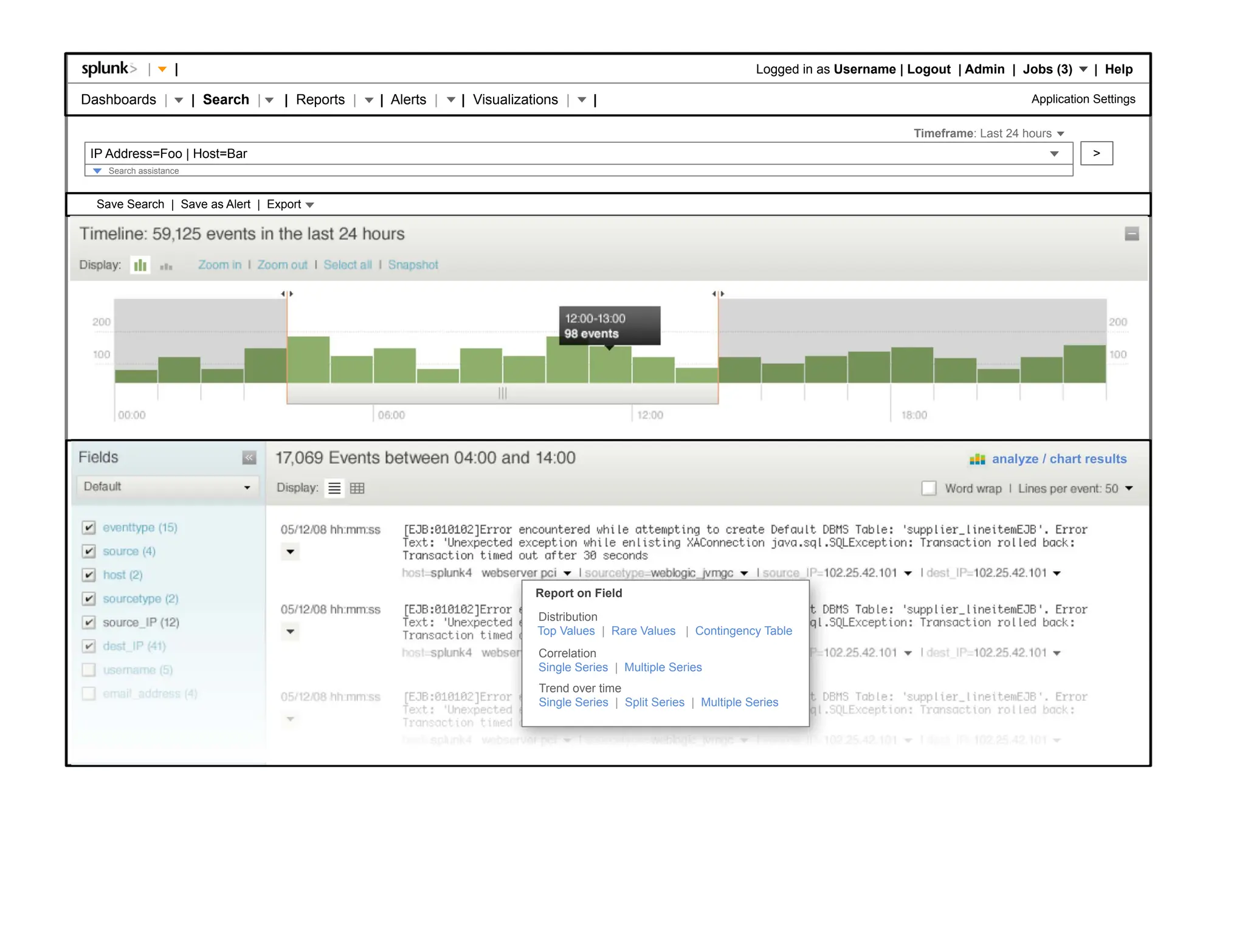 |     |                                                                                                 Logged in as Username | Logout | Admin | Jobs (3)       | Help

Dashboards |            | Search |   | Reports |   | Alerts |   | Visualizations |    |                                                                          Application Settings

                                                                                                                                             Timeframe: Last 24 hours
 IP Address=Foo | Host=Bar                                                                                                                                                  >
    Search assistance


  Save Search | Save as Alert | Export

Results




                                                                                                                                                          analyze / chart results




                                                                            Report on Field
                                                                            Distribution
                                                                            Top Values | Rare Values | Contingency Table
                                                                            Correlation
                                                                            Single Series | Multiple Series
                                                                            Trend over time
                                                                            Single Series | Split Series | Multiple Series
 